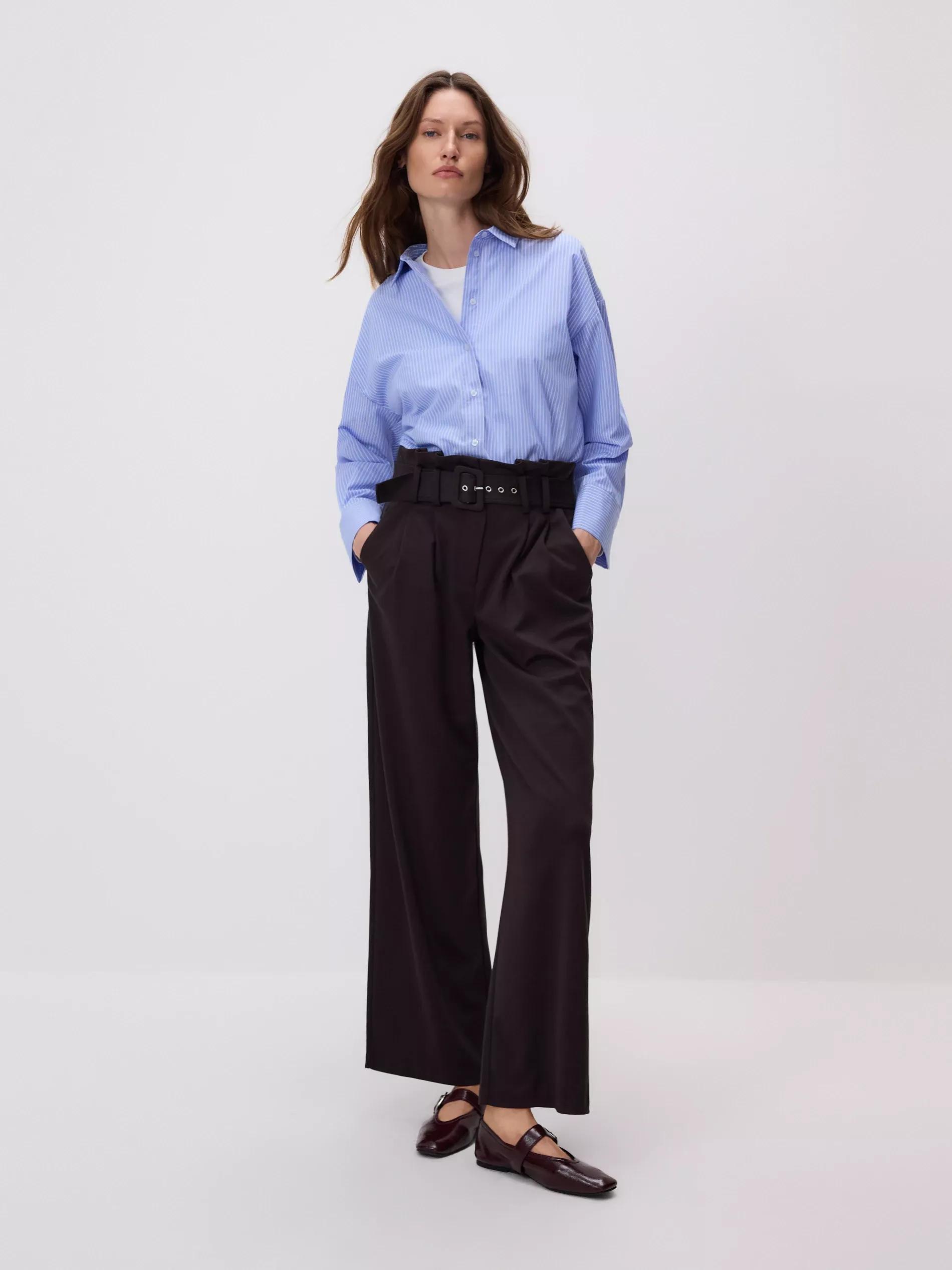 Brown Wide Leg Trousers With Belt, Brown, large image number 1
