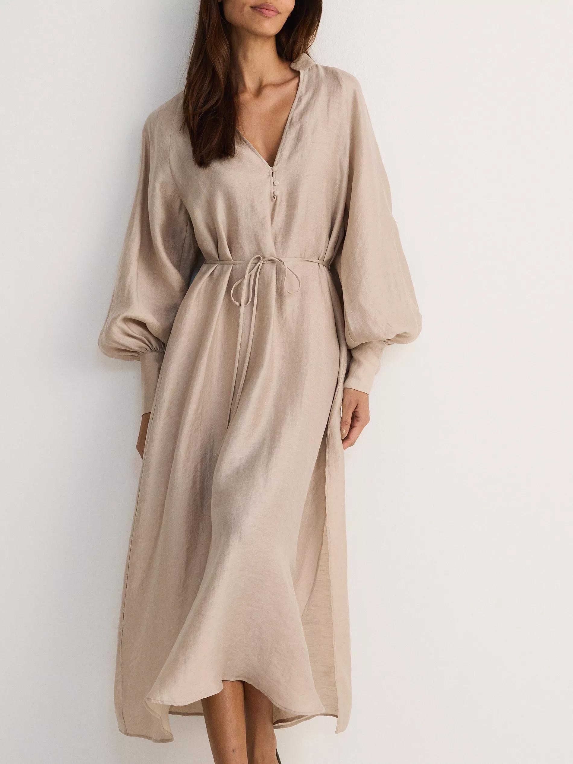 Beige Maxi Dress With Linen Insert, , medium