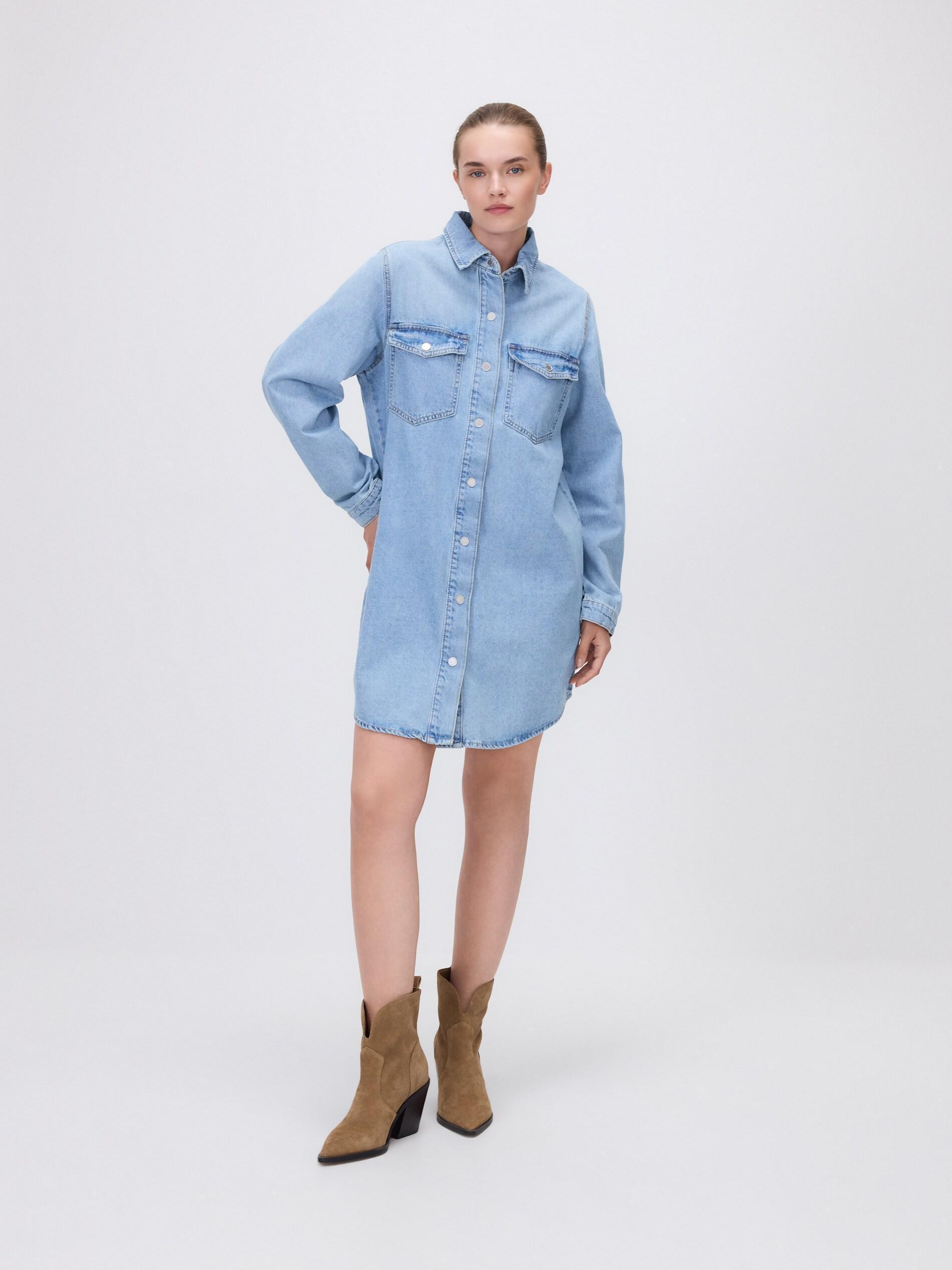 Blue Denim Mini Dress, Blue, medium