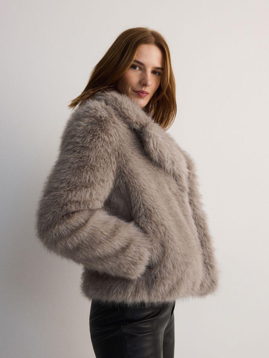 Grey Faux Fur Jacket, , large image number 1