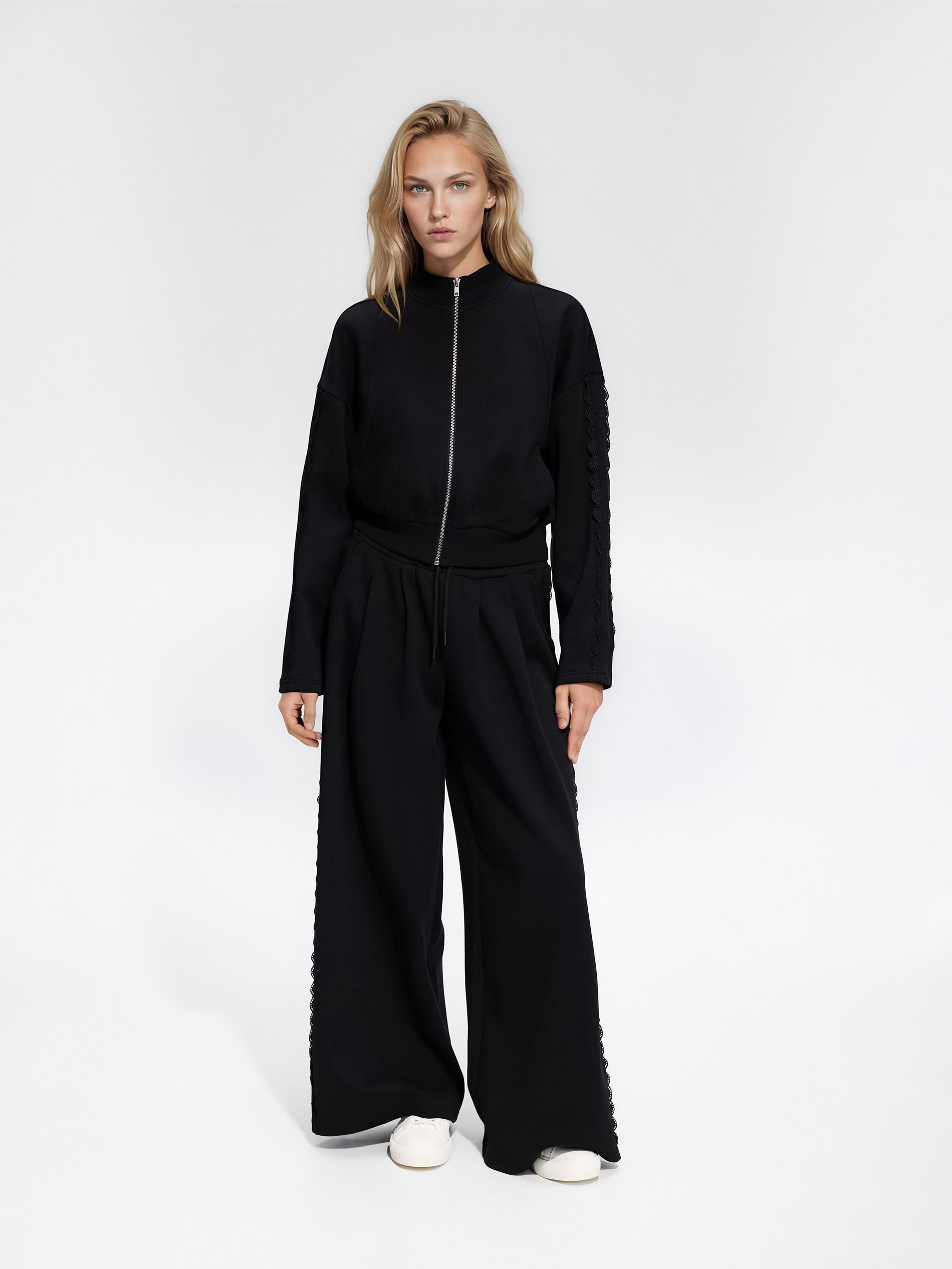 سويت شيرت مع مفتوح محبوك تفصيلة أسود, Black, medium
