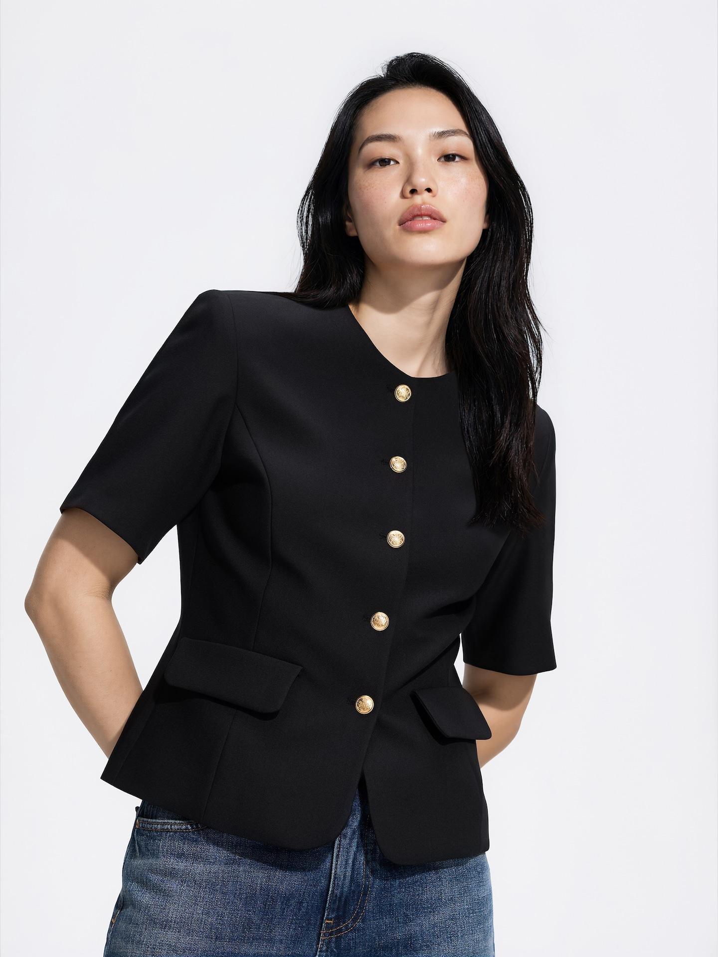 Black Short-Sleeved Blazer, Black, medium