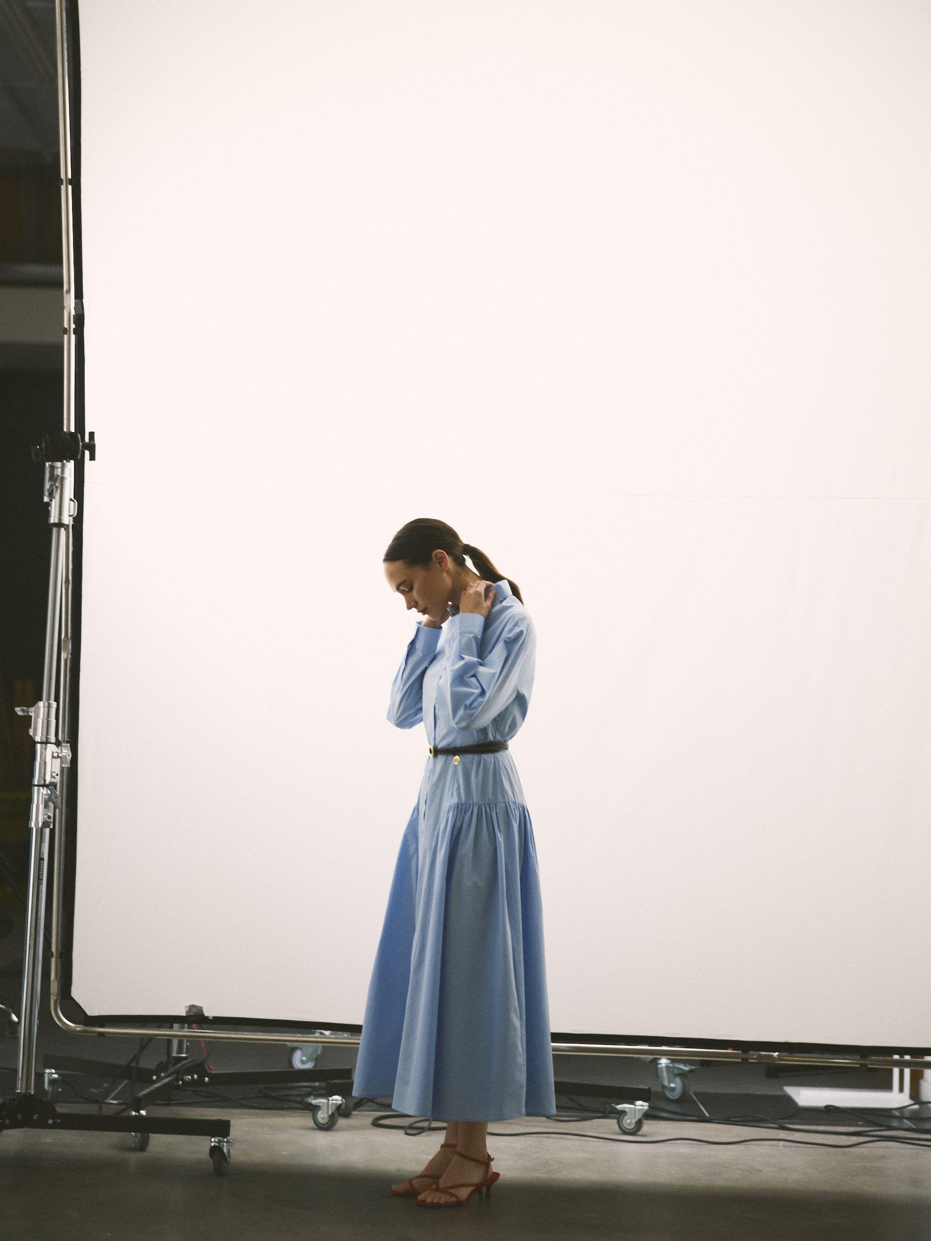 Blue Cotton Shirt Dress With Belt, Blue, large image number 0