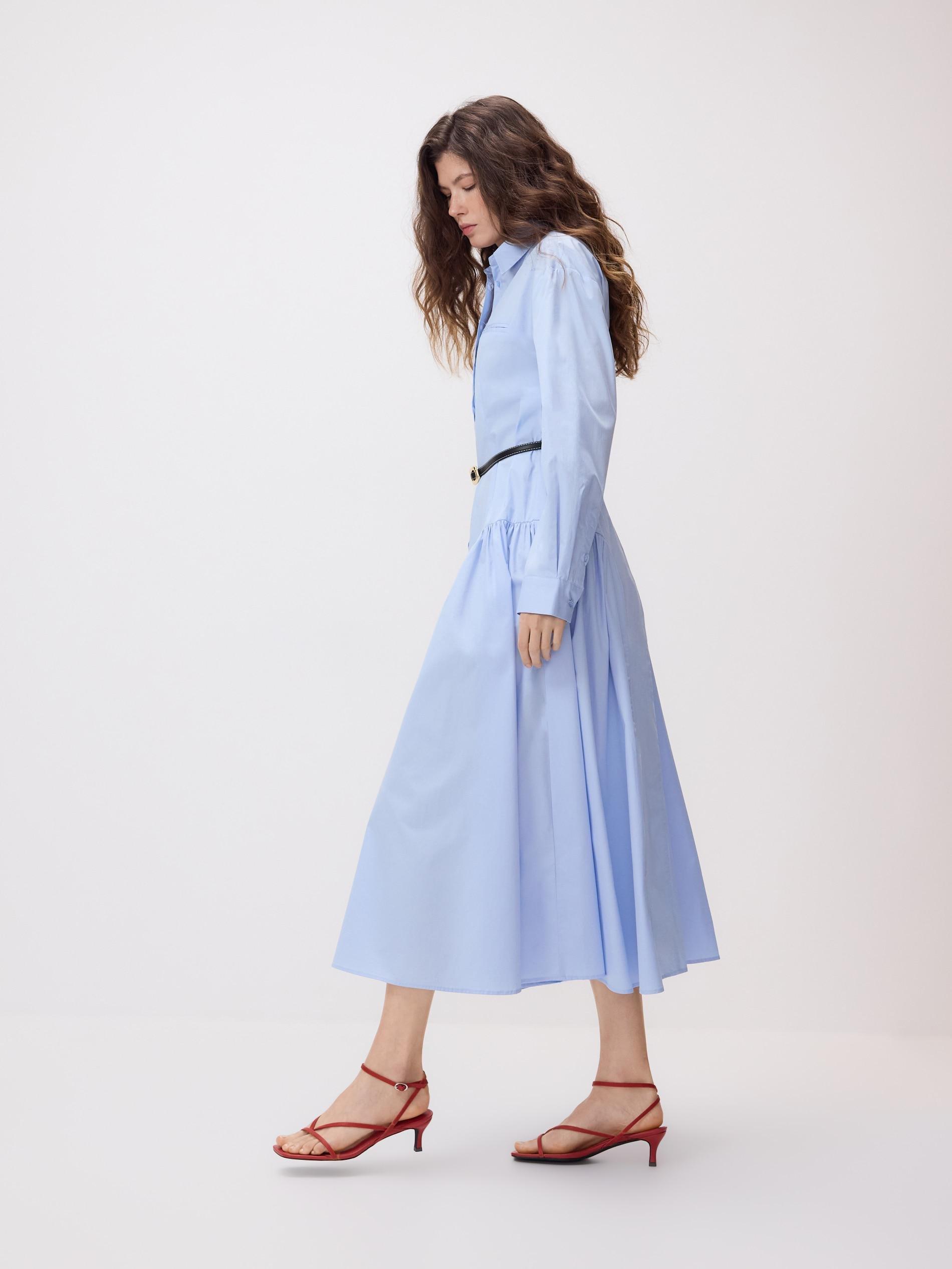 Blue Cotton Shirt Dress With Belt, Blue, large image number 1