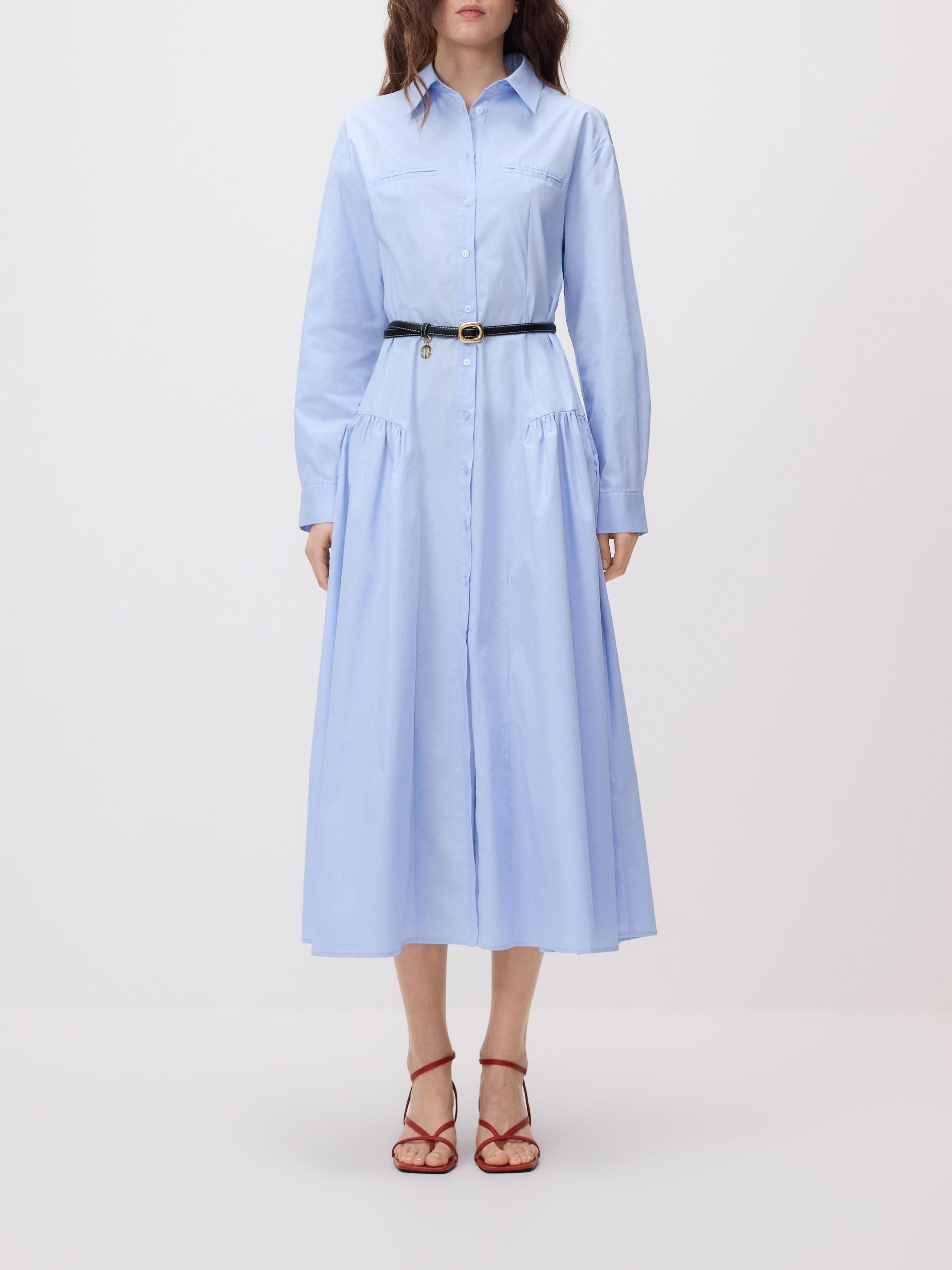 Blue Cotton Shirt Dress With Belt, Blue, large image number 2