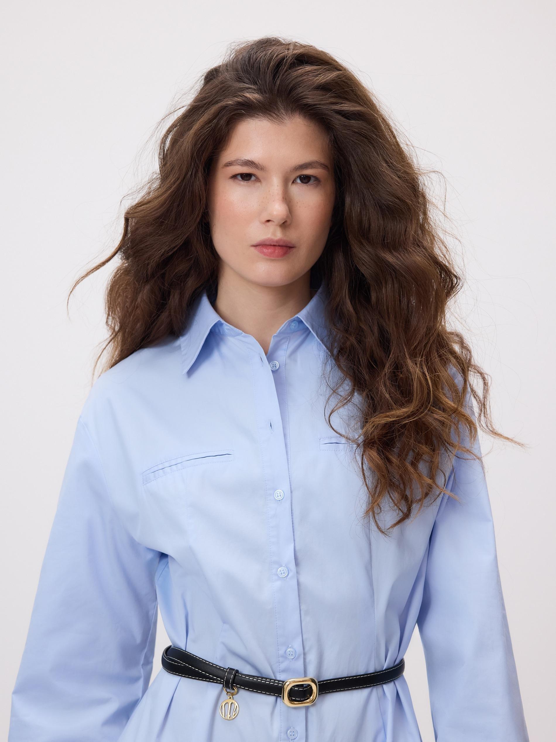 Blue Cotton Shirt Dress With Belt, Blue, large image number 3