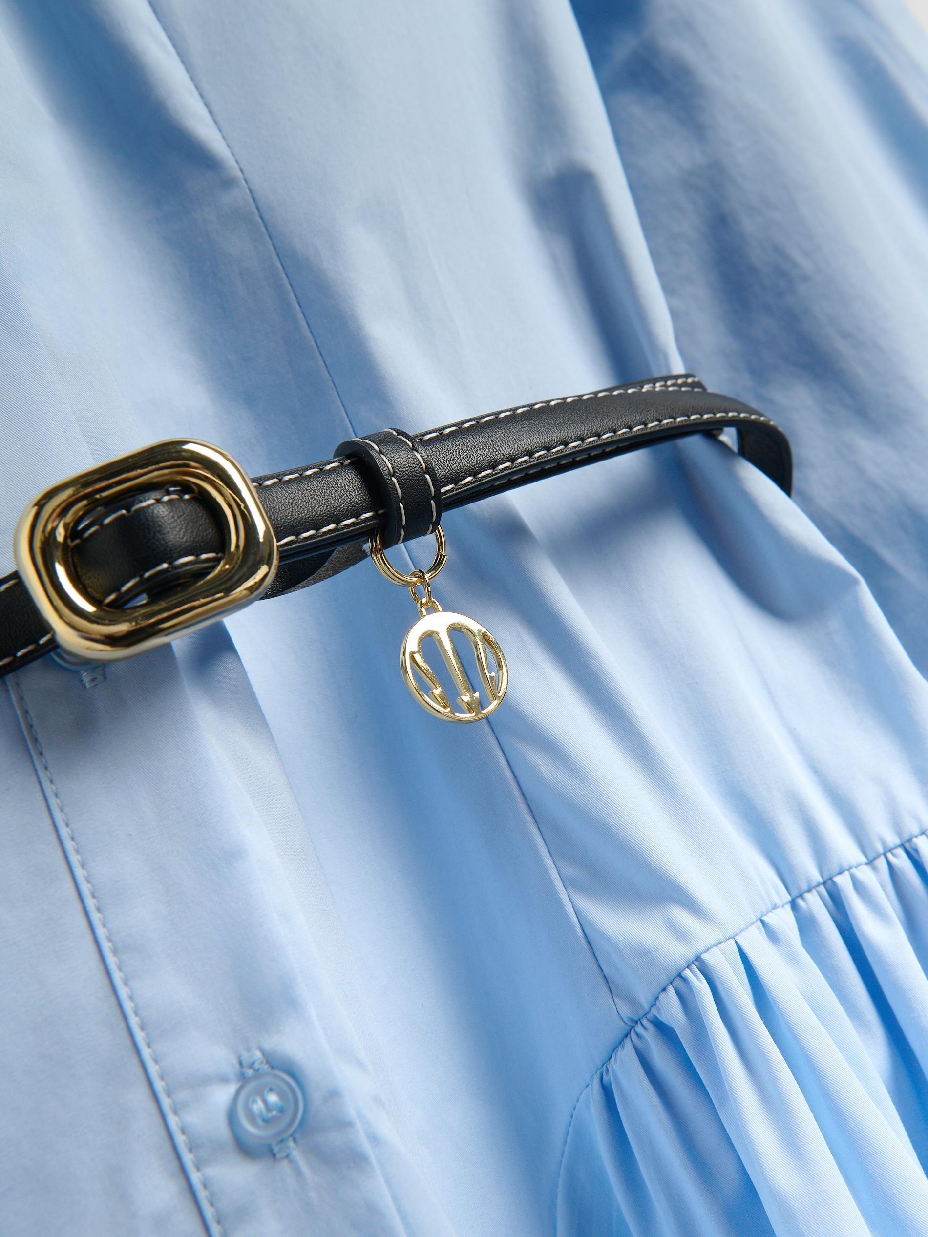 Blue Cotton Shirt Dress With Belt, Blue, large image number 6