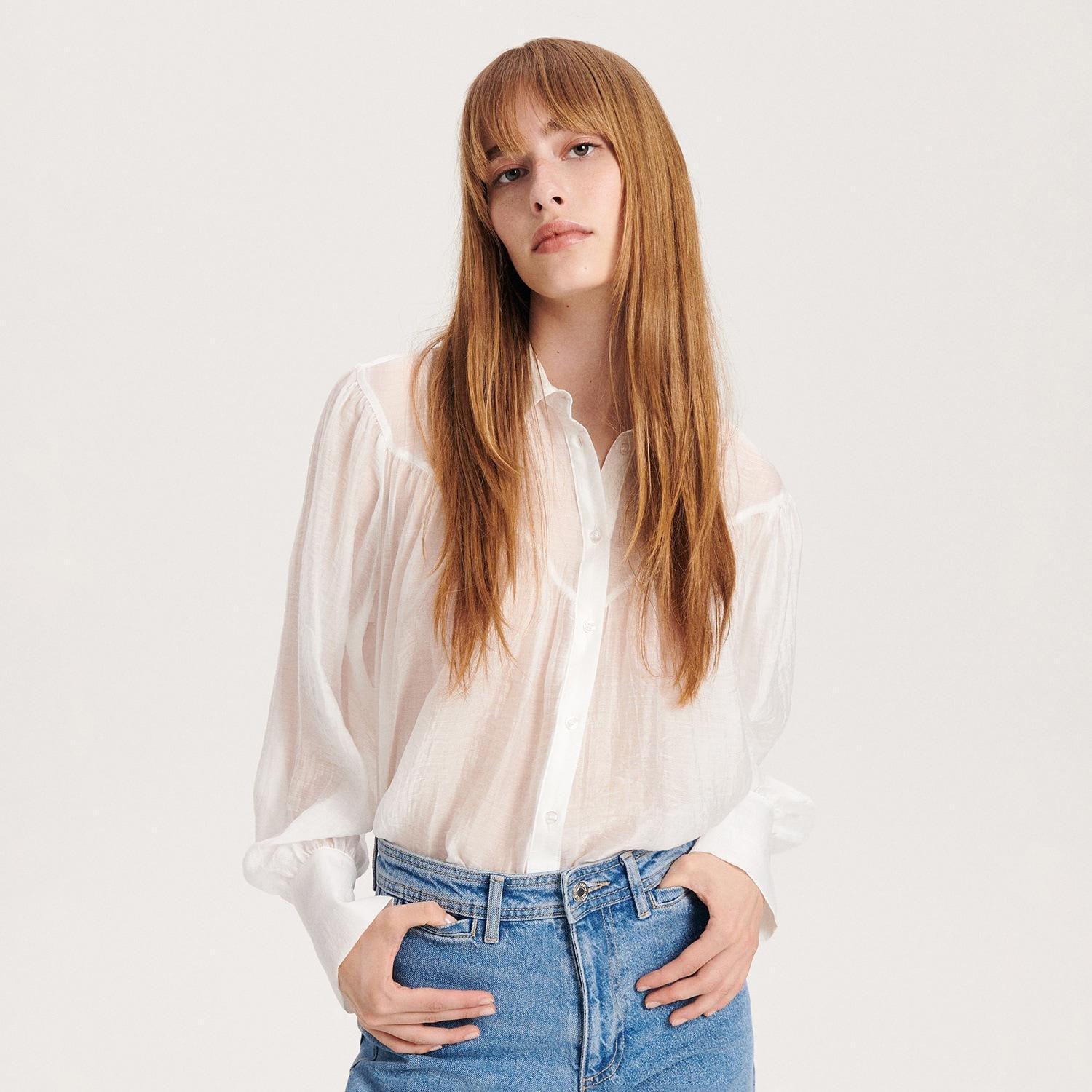 Cream Lyocell Blend Shirt, Ivory, large image number 1