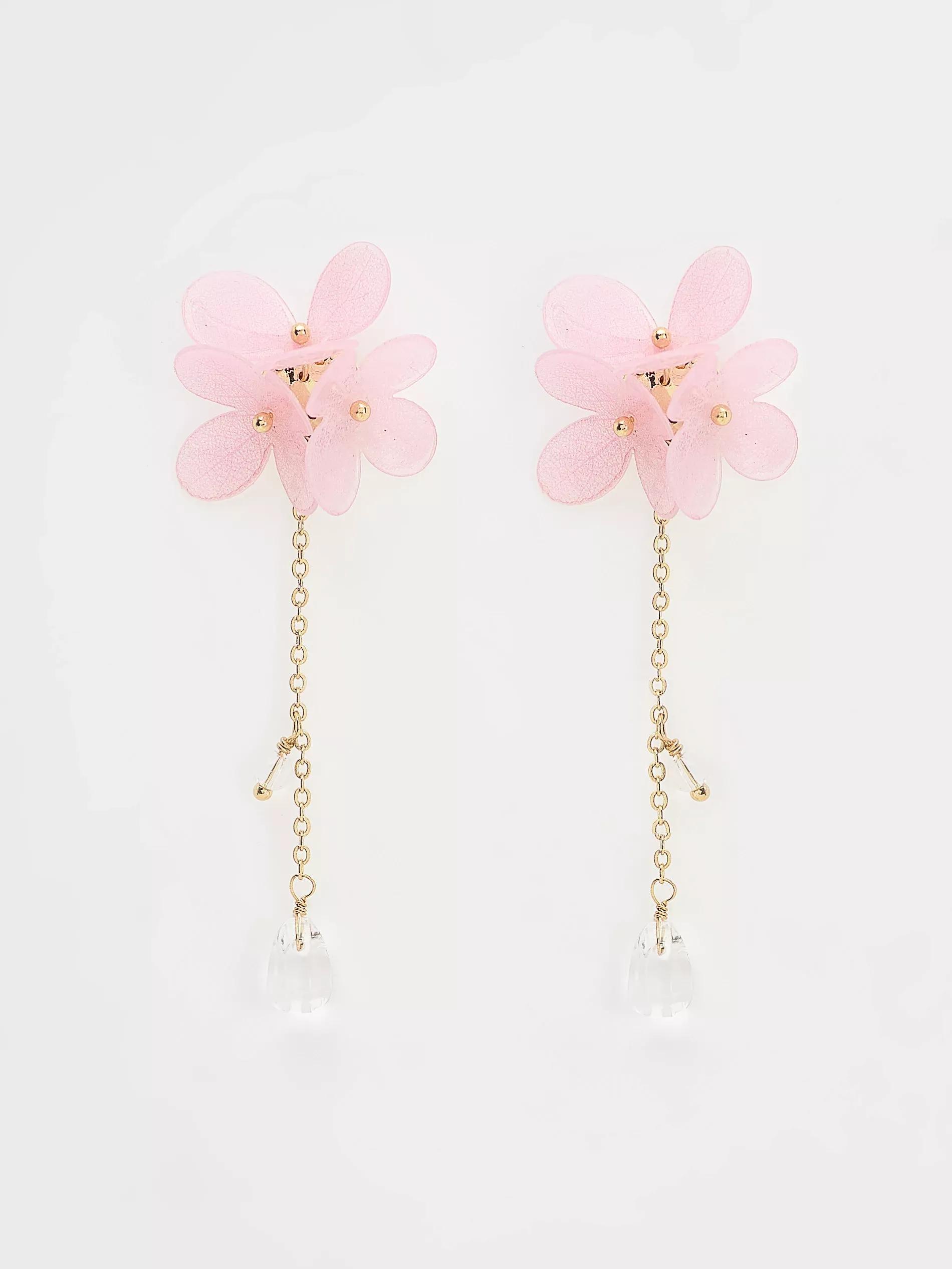 Pink Flower Detail Long Earrings, Multicolor, large image number 2
