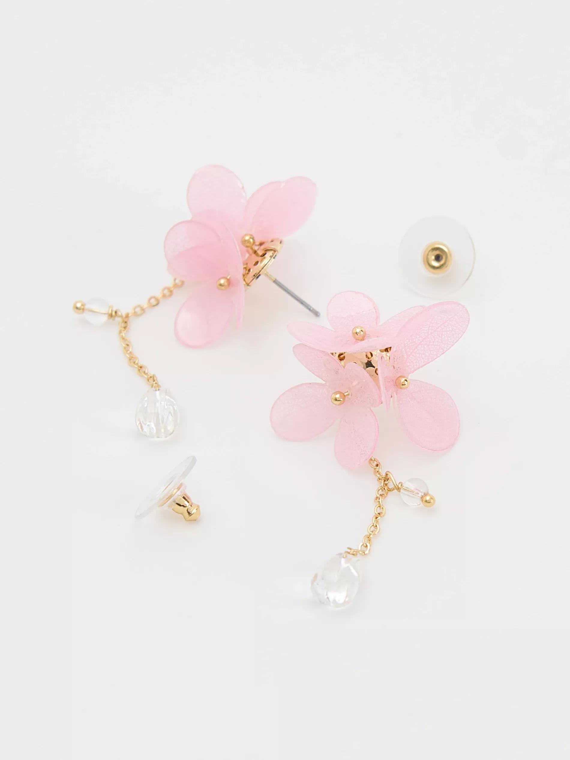 Pink Flower Detail Long Earrings, Multicolor, large image number 4