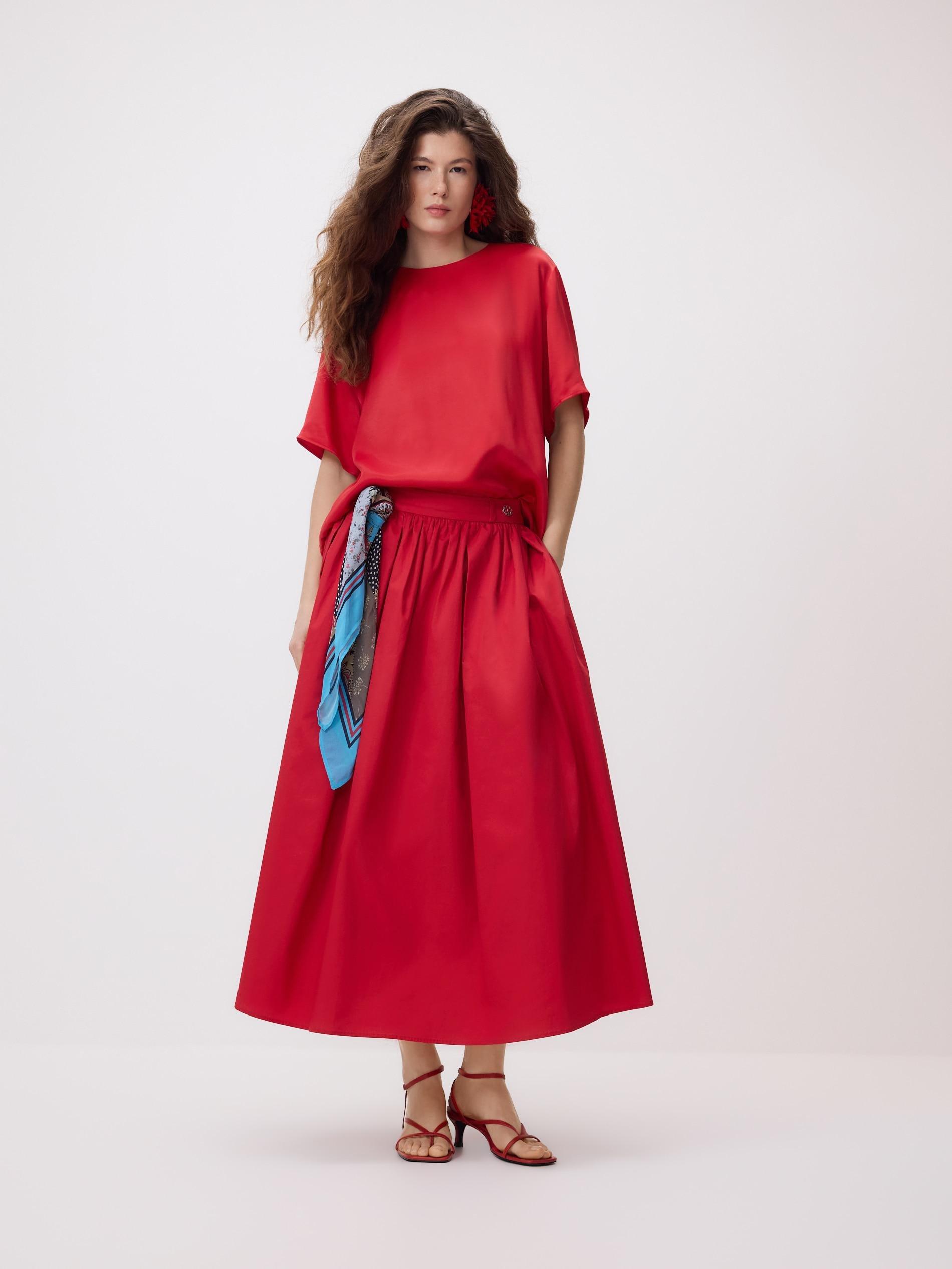 Red Cotton Midi Skirt, Red, large image number 0