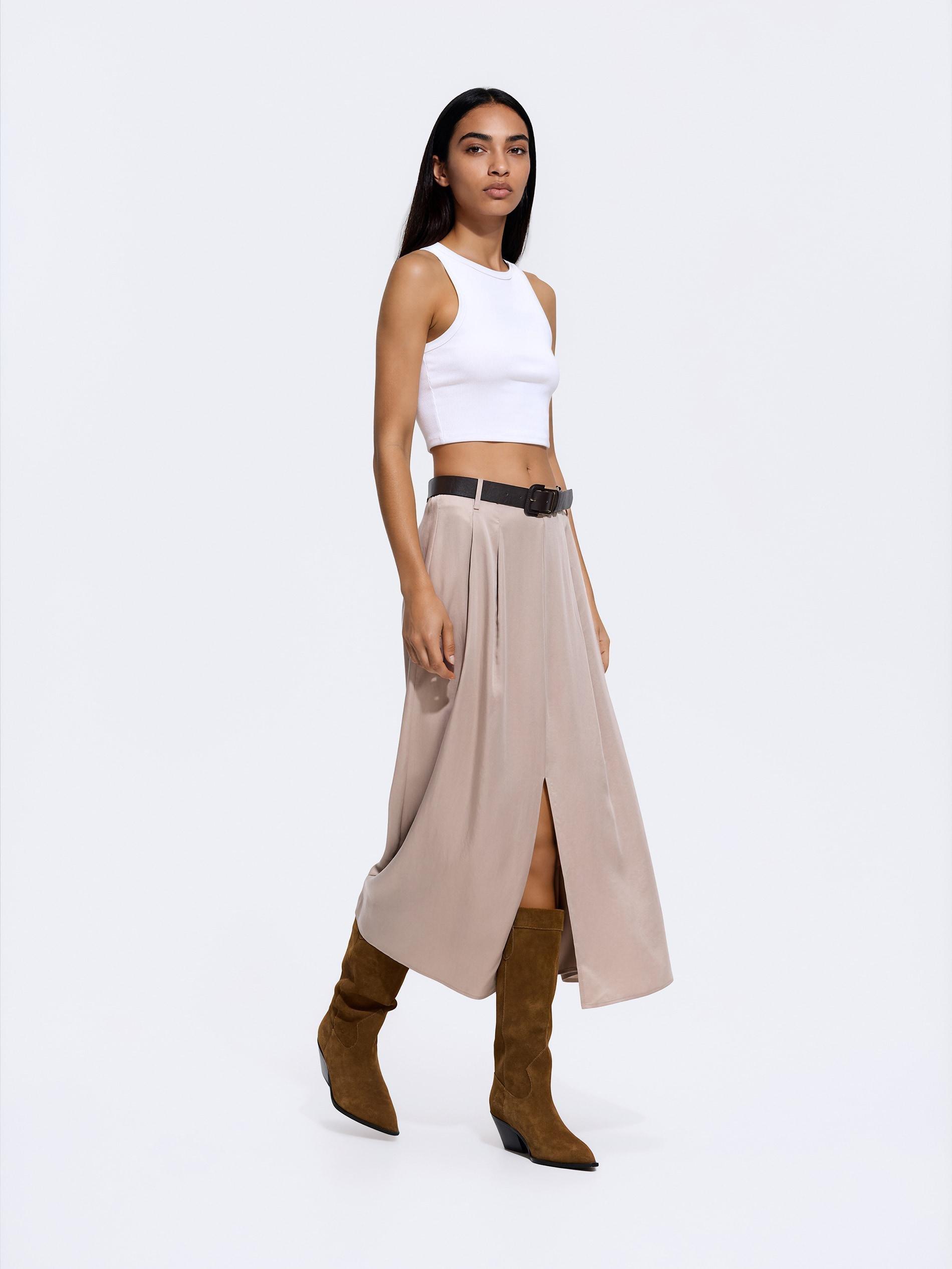 تنورة ميدي مع حزام بيج, Beige, medium