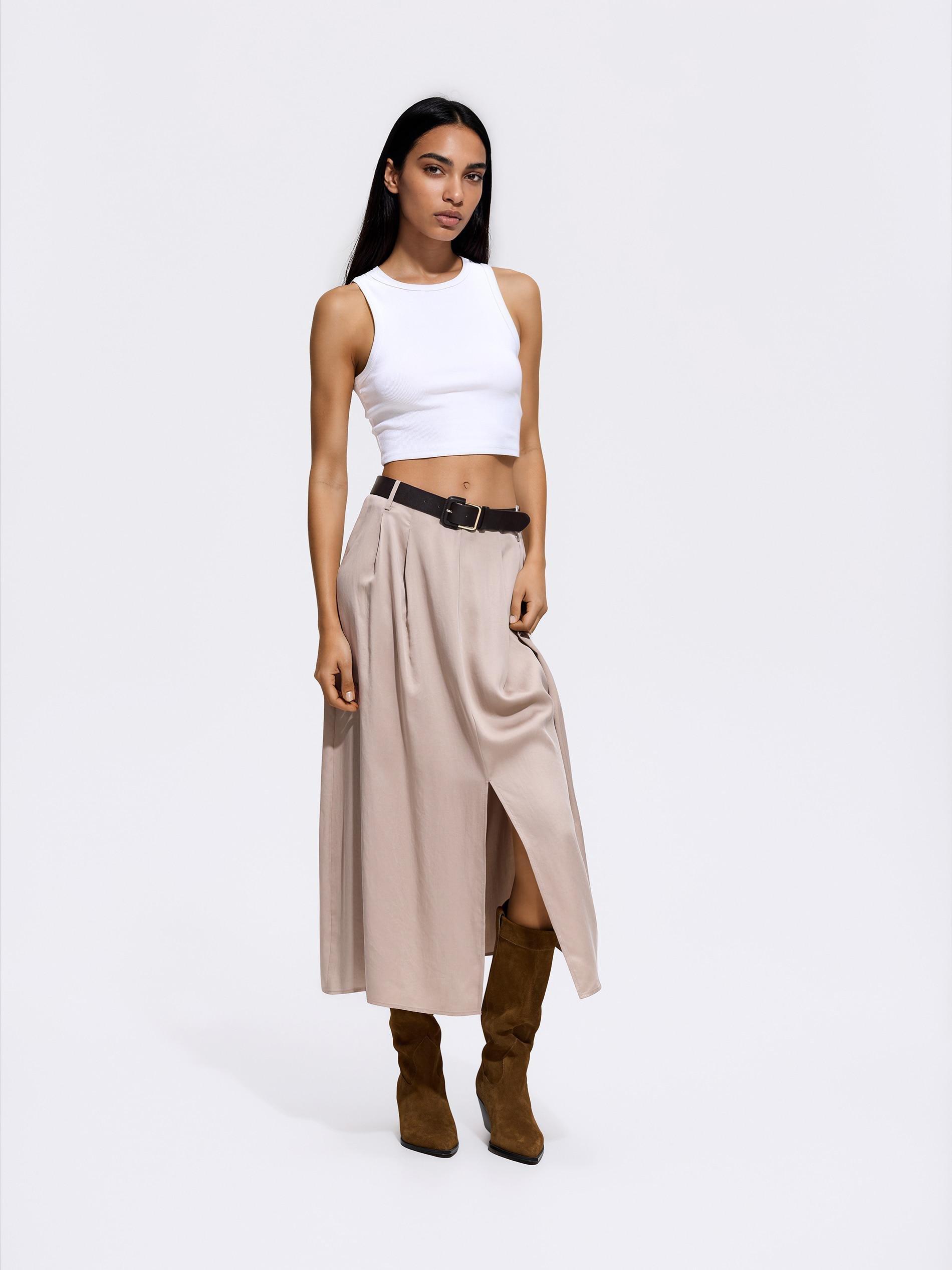 تنورة ميدي مع حزام بيج, Beige, large image number 2