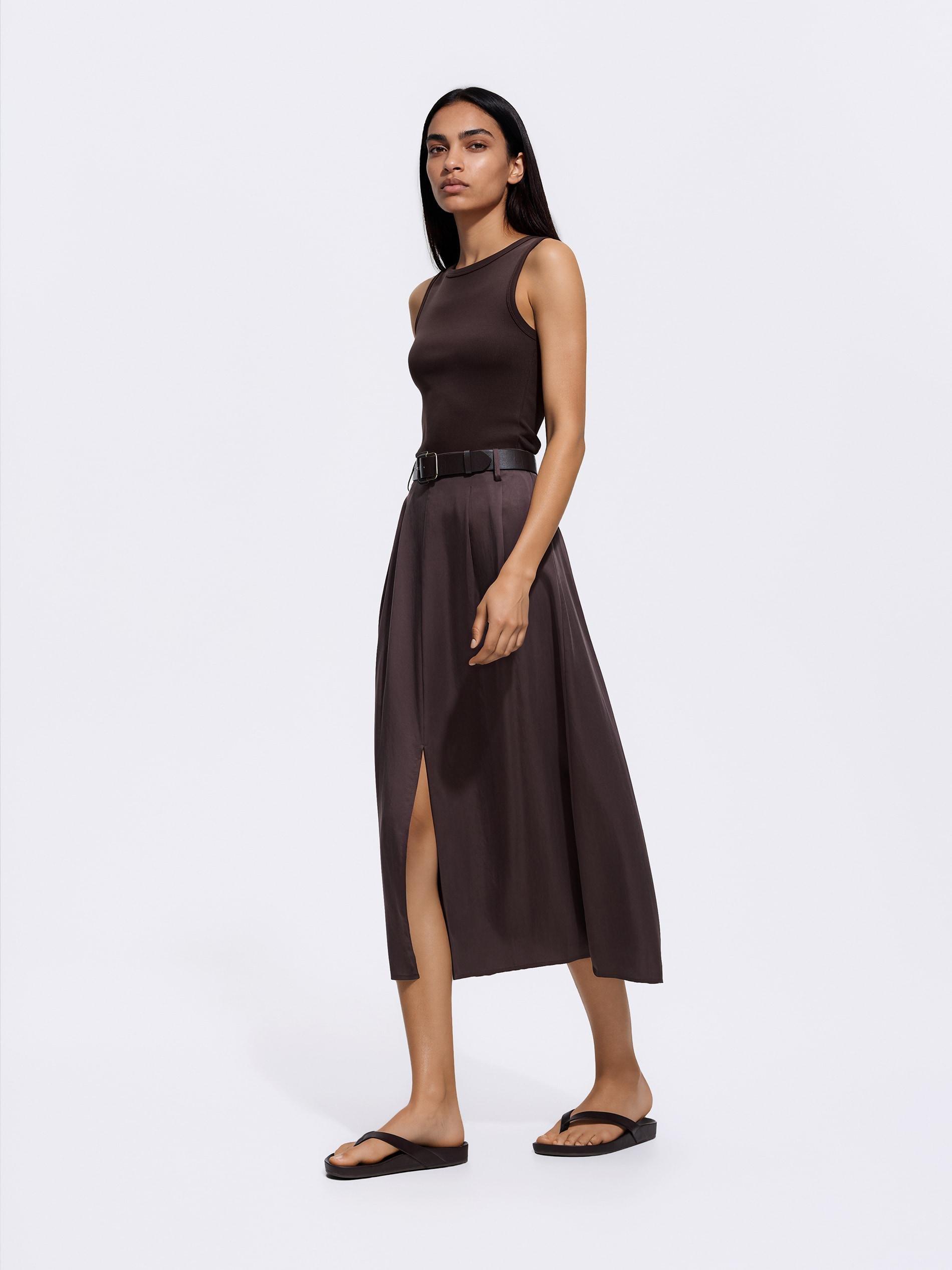 Brown Midi Skirt With Belt, Brown, medium