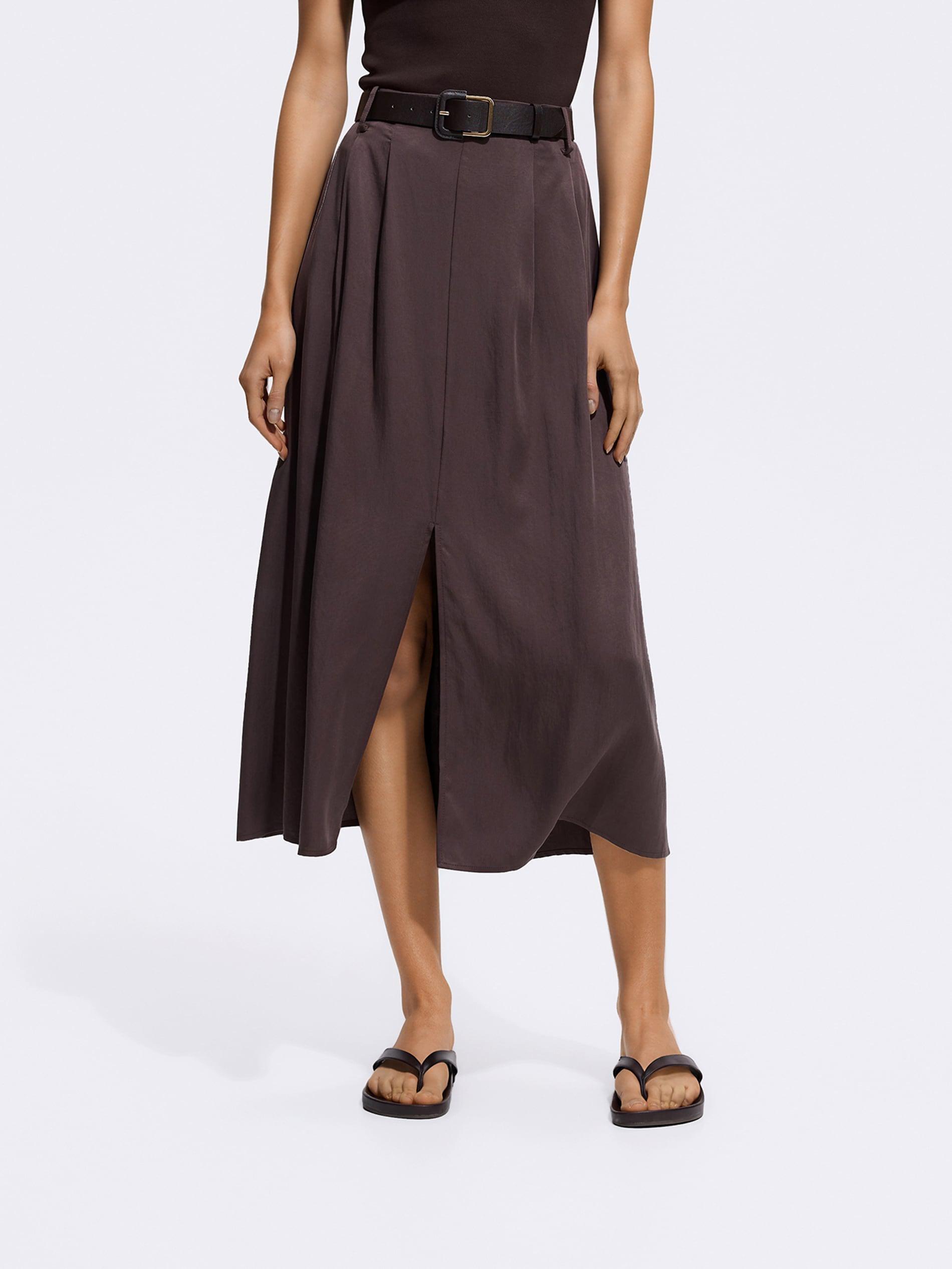 Brown Midi Skirt With Belt, Brown, medium