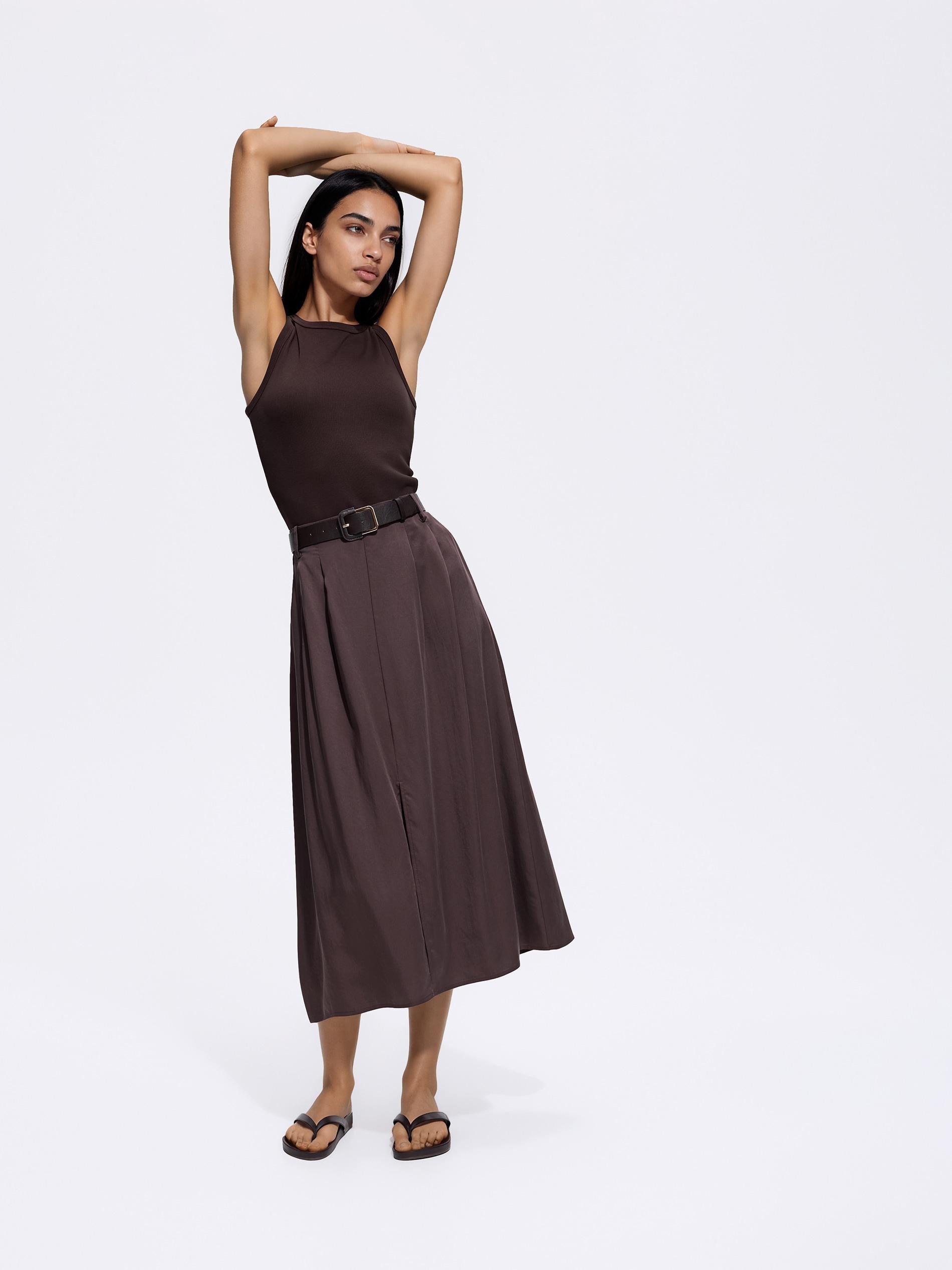 تنورة ميدي مع حزام بني, Brown, large image number 2