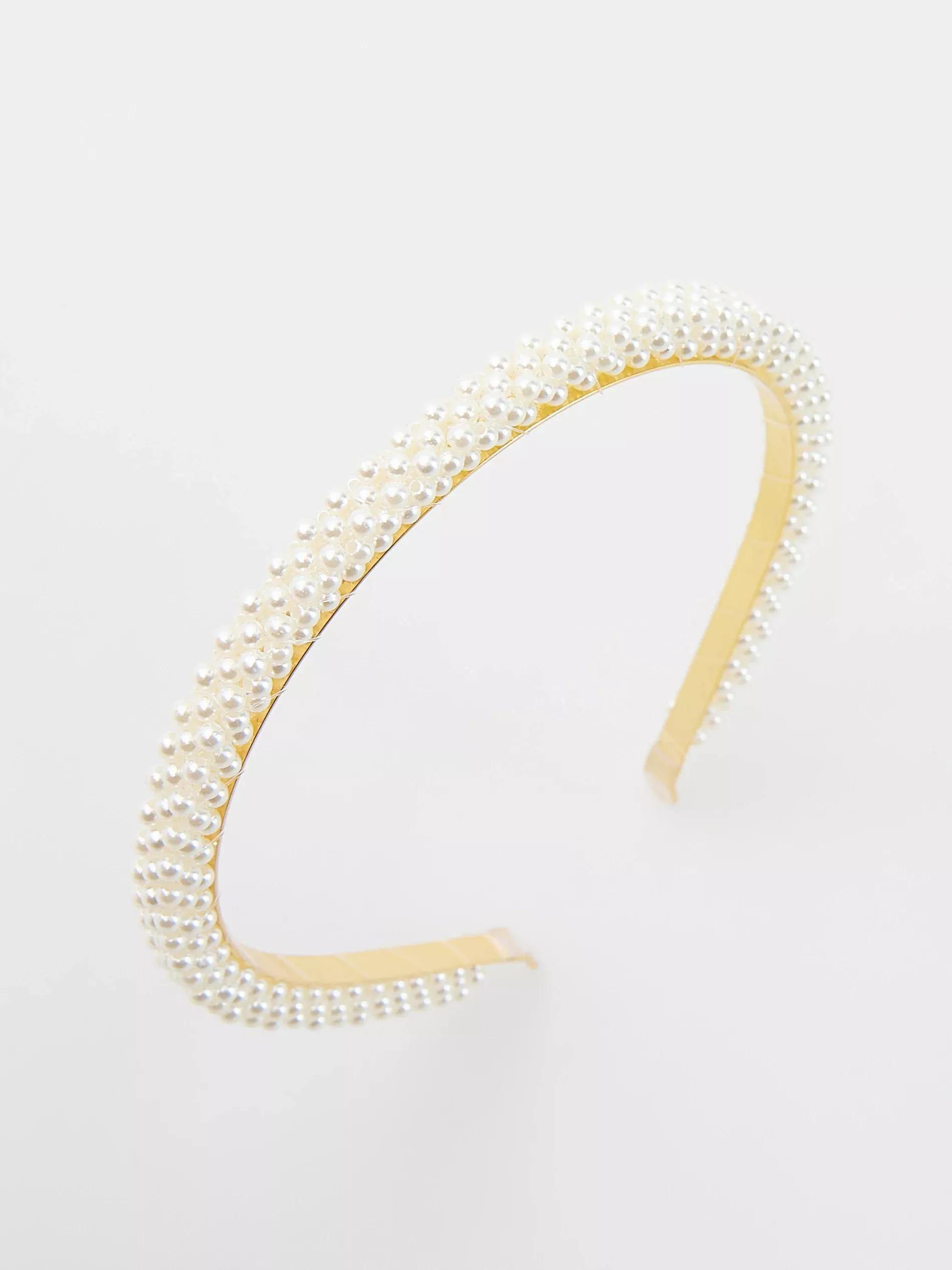White Headband With Pearl Details, White, large image number 1