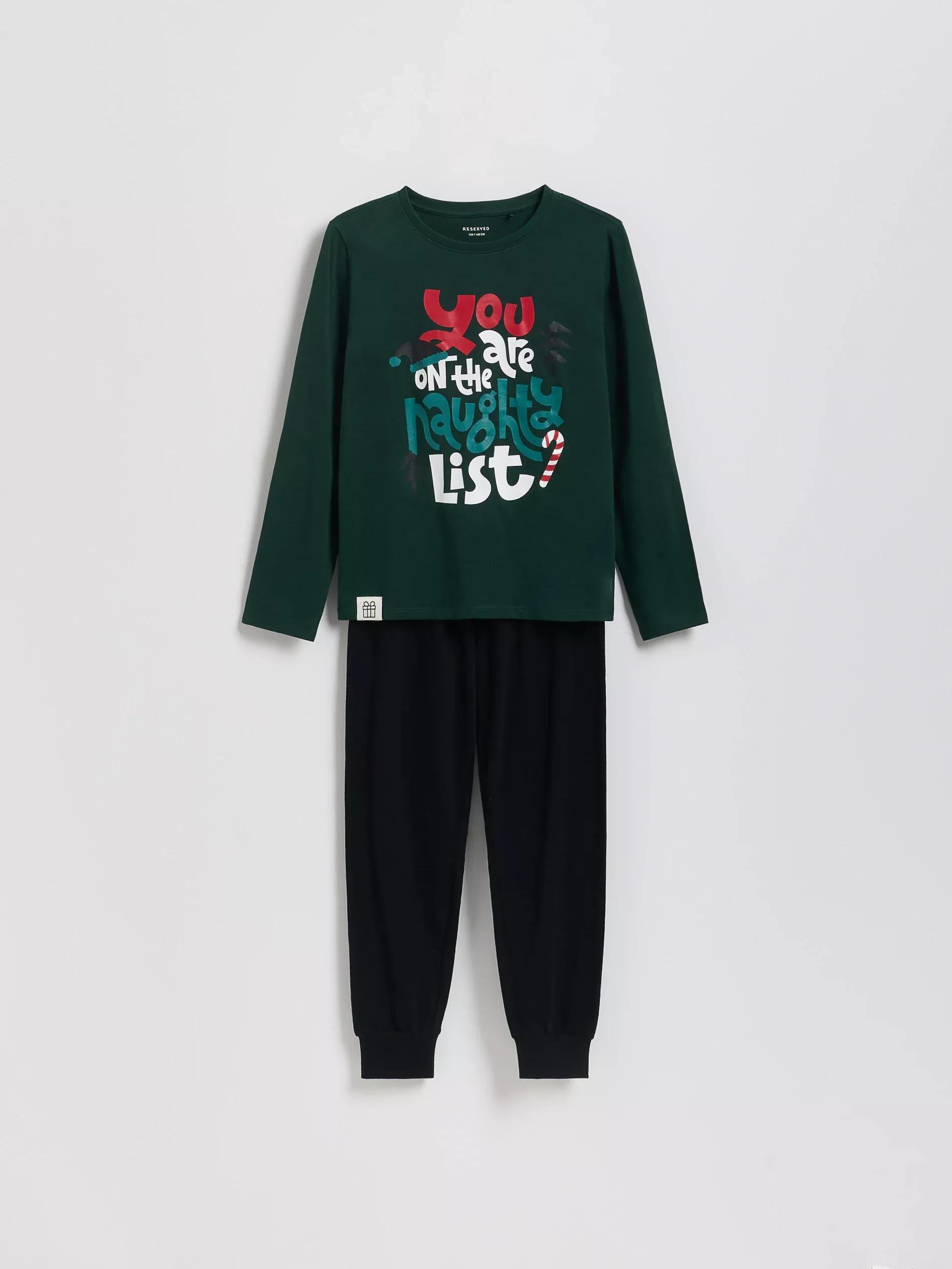 Green Christmas Motif Cotton Pyjama Set, Khaki, large image number 0