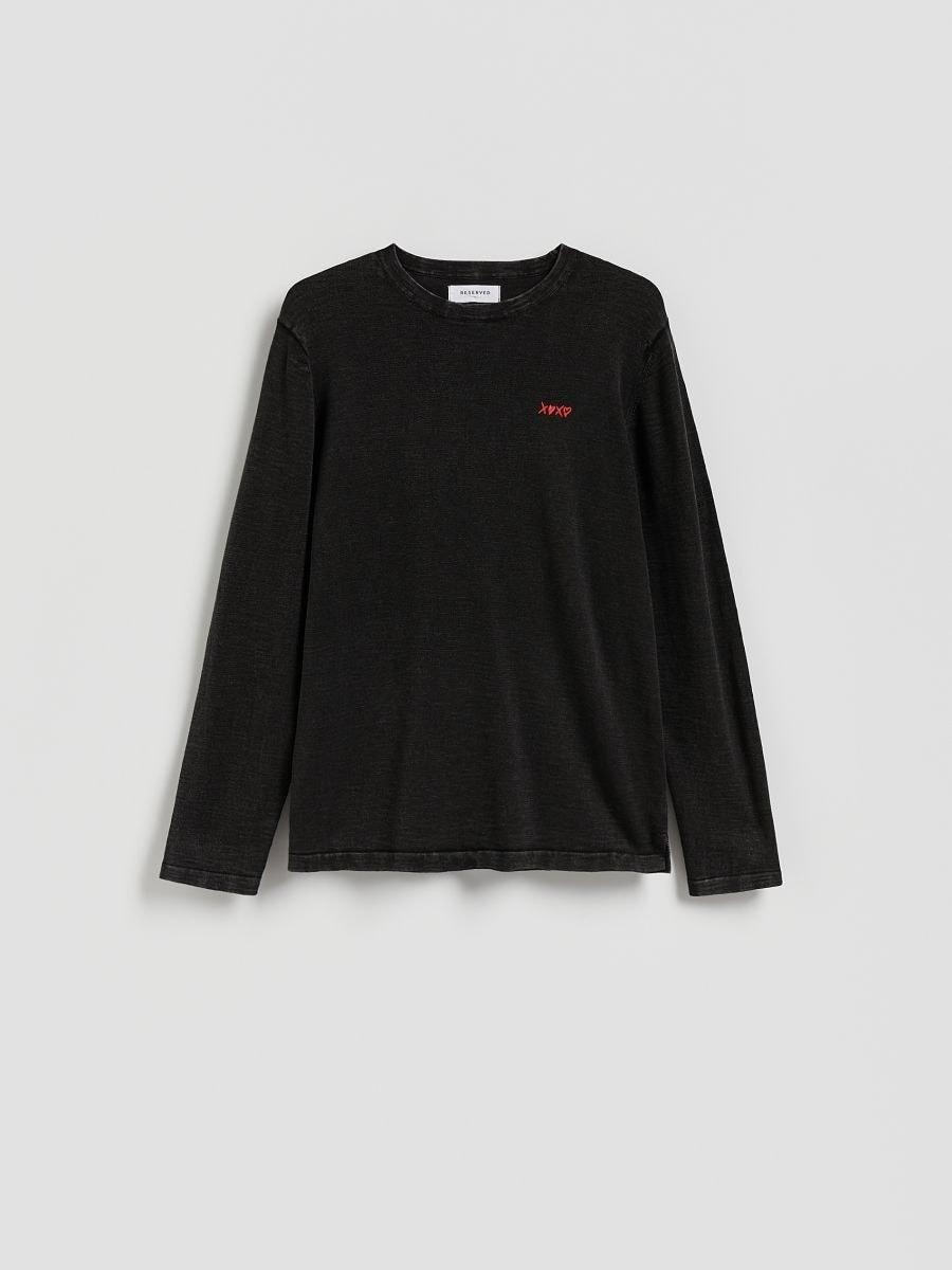 تيشيرت طويل الكم مع تطريز أسود, Black, medium