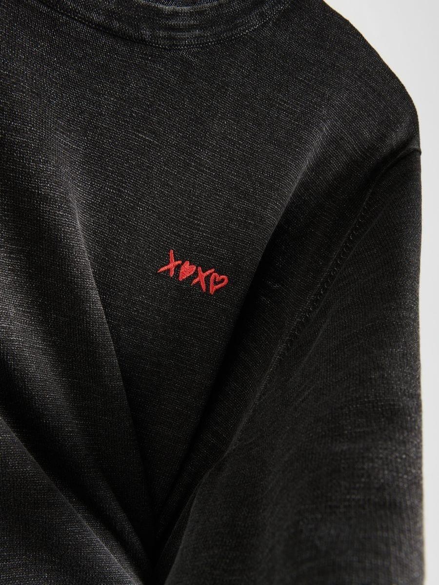 تيشيرت طويل الكم مع تطريز أسود, Black, medium