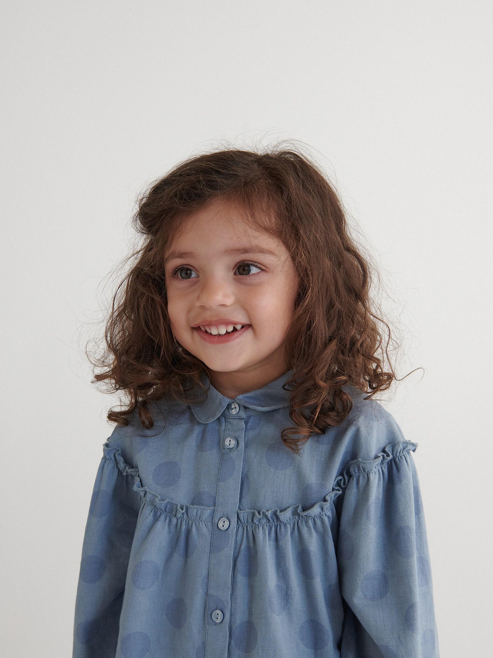 Blue Polka Dot Denim Shirt, Kids Girl, , large image number 0