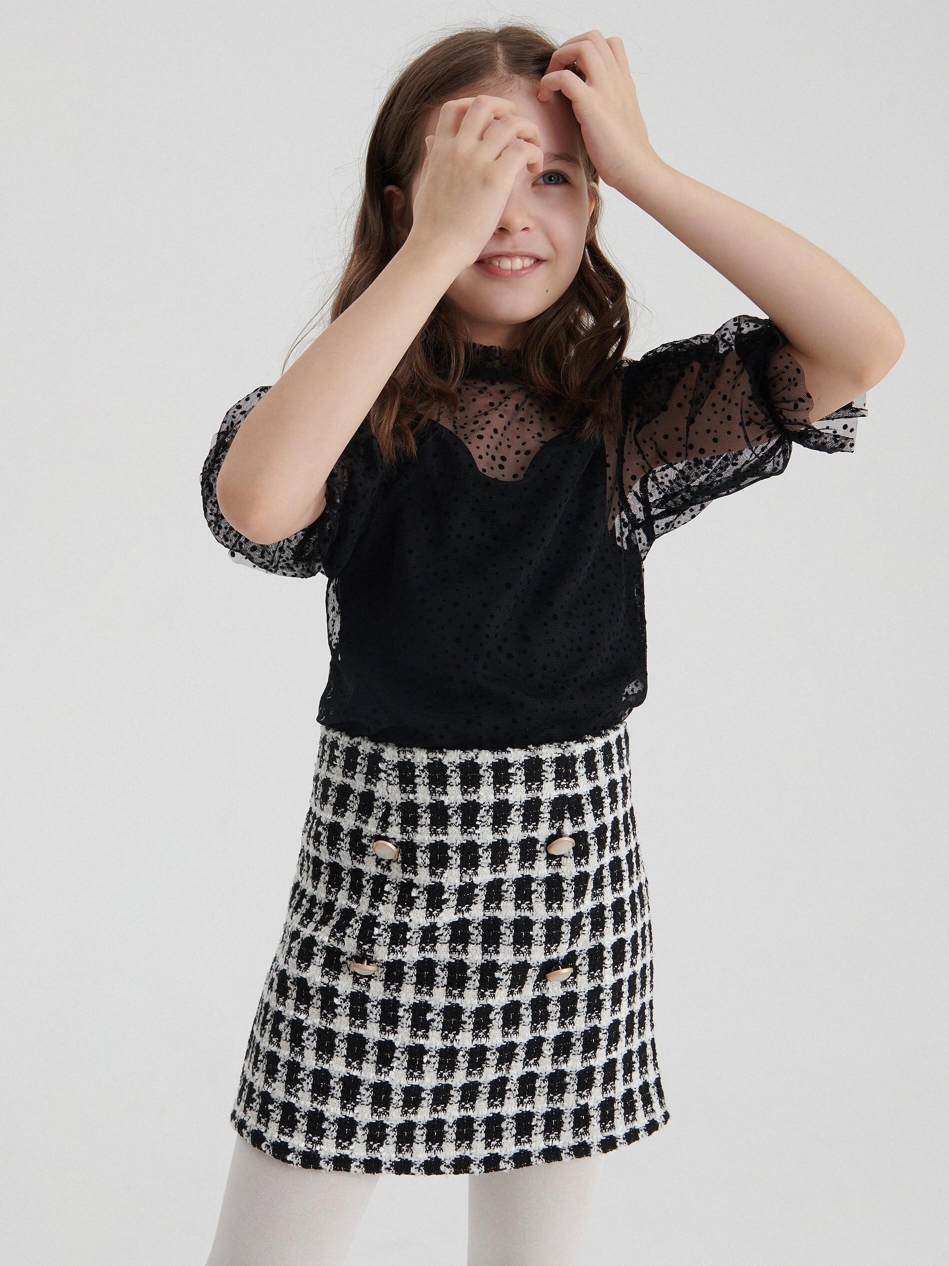 Black Checked Miniskirt, Kids Girl, , large image number 1