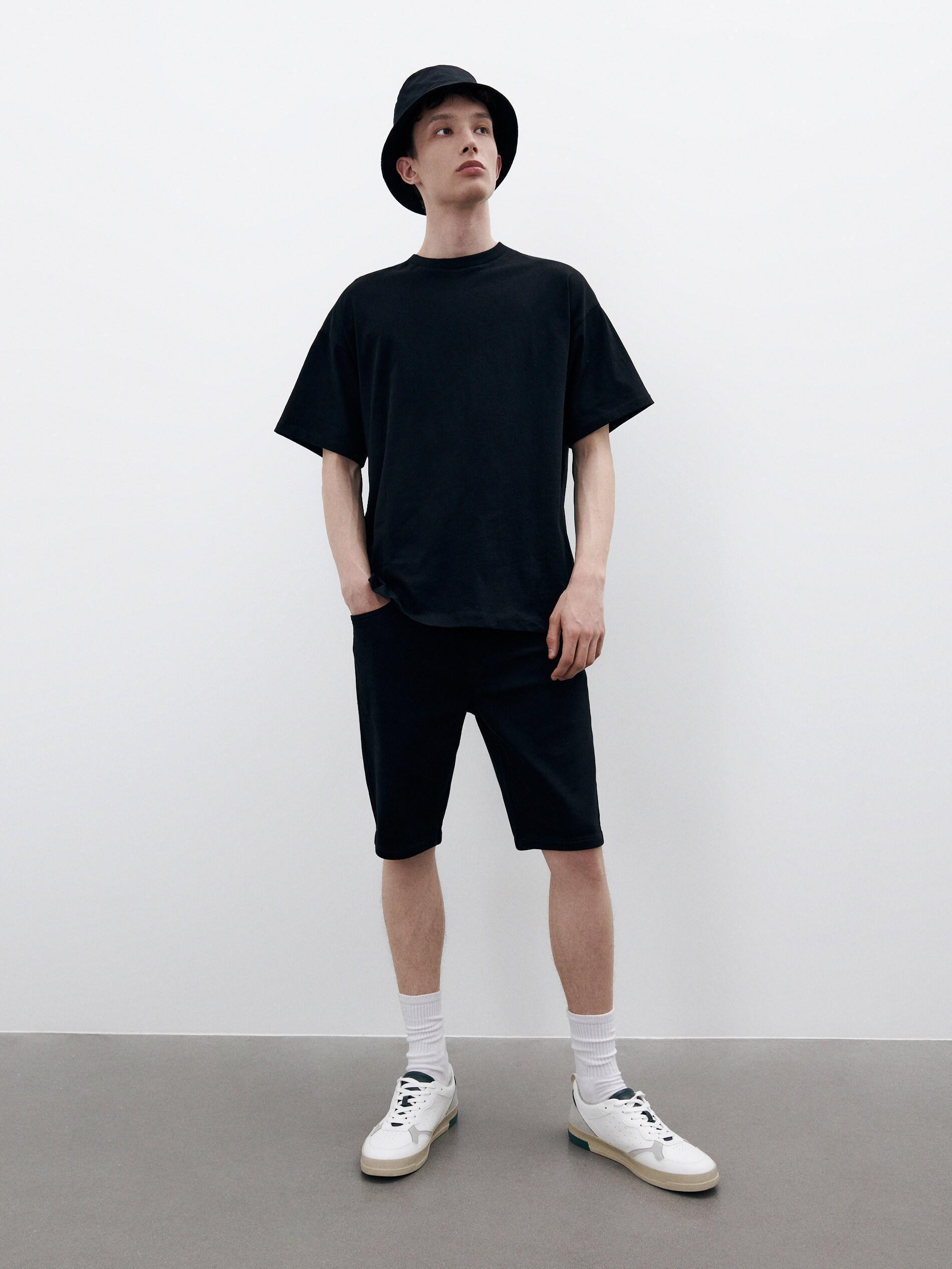 Black Denim Jogger Shorts, , large image number 1