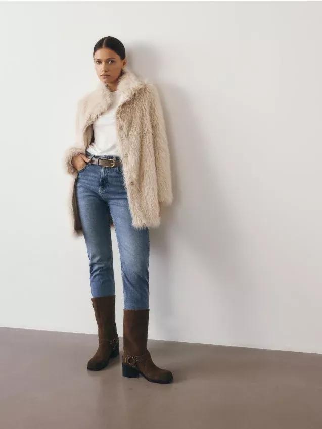 Cream Faux Fur Jacket With Collar, , large image number 0