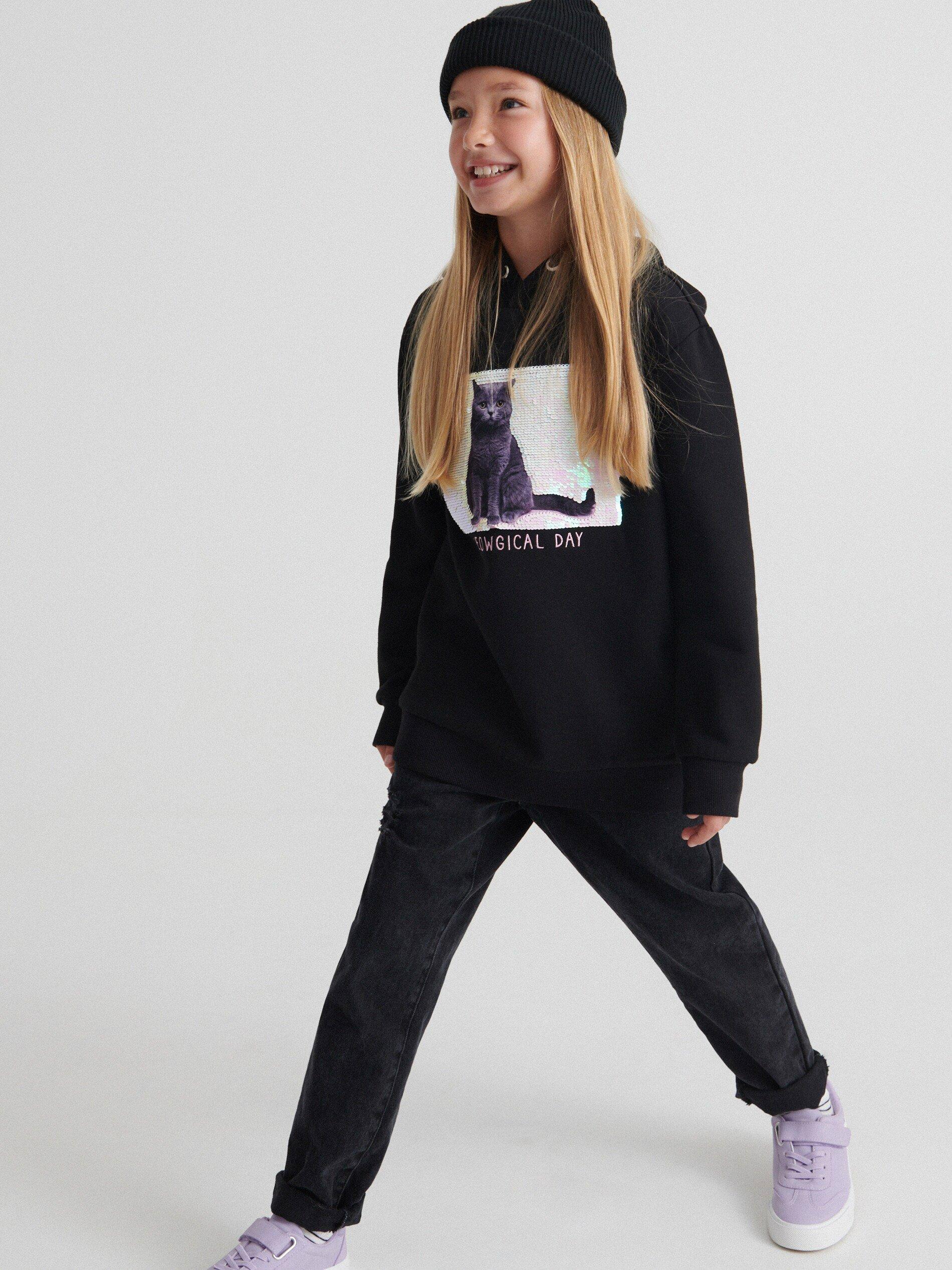 Black Sweatshirt With Applique, Kids Girl, , large image number 0