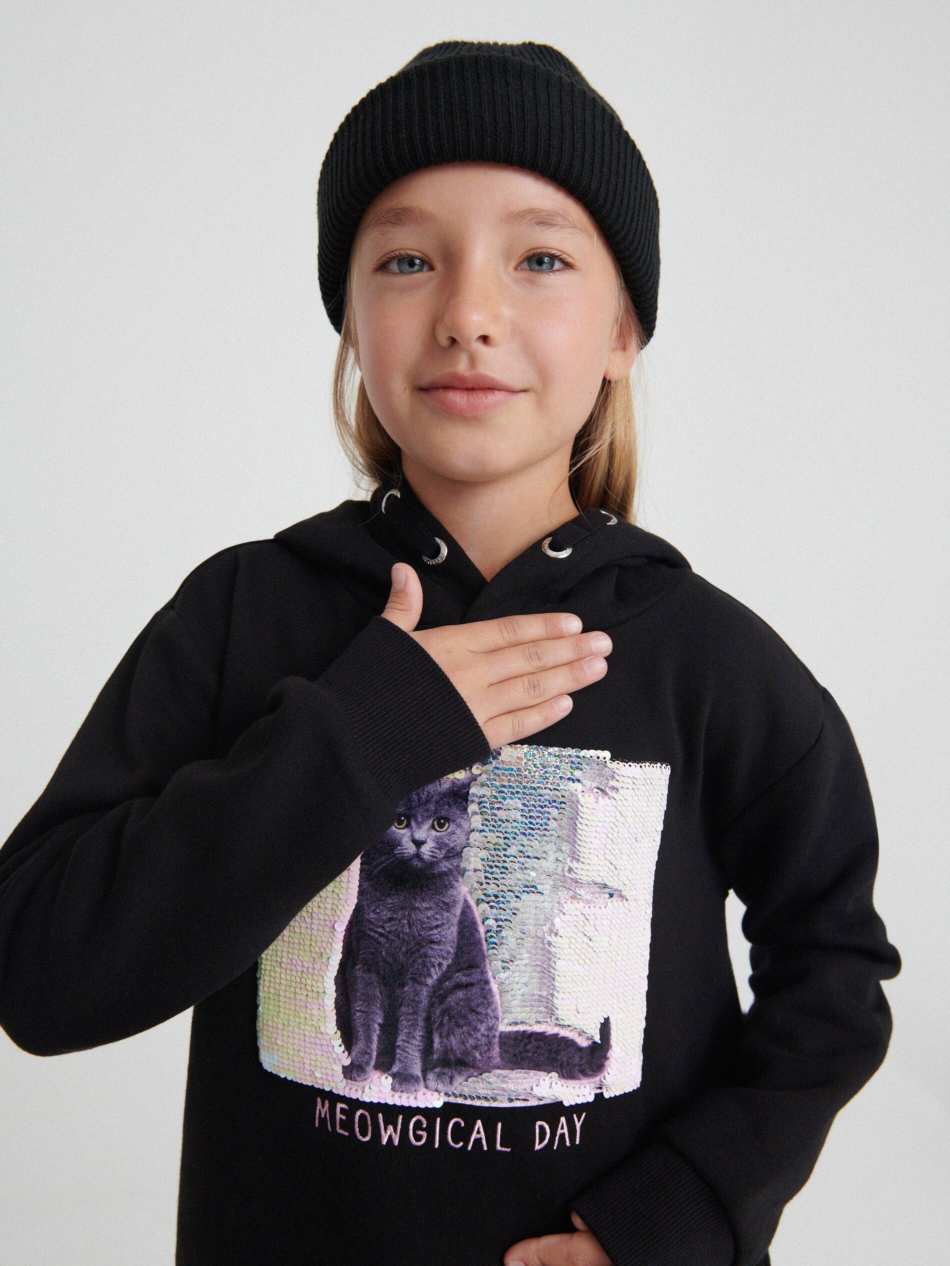 Black Sweatshirt With Applique, Kids Girl, , large image number 1