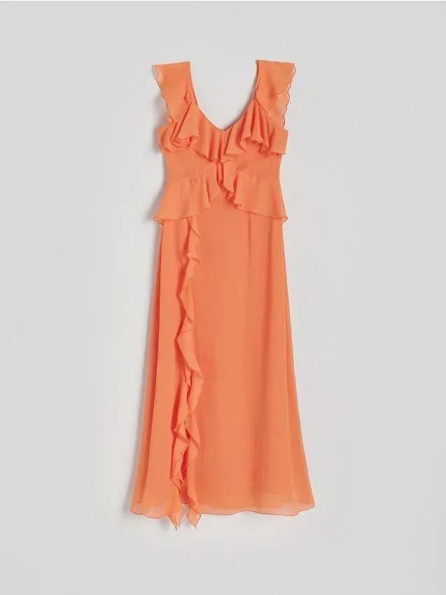 Orange Ruffle Details Midi Dress, , large image number 0
