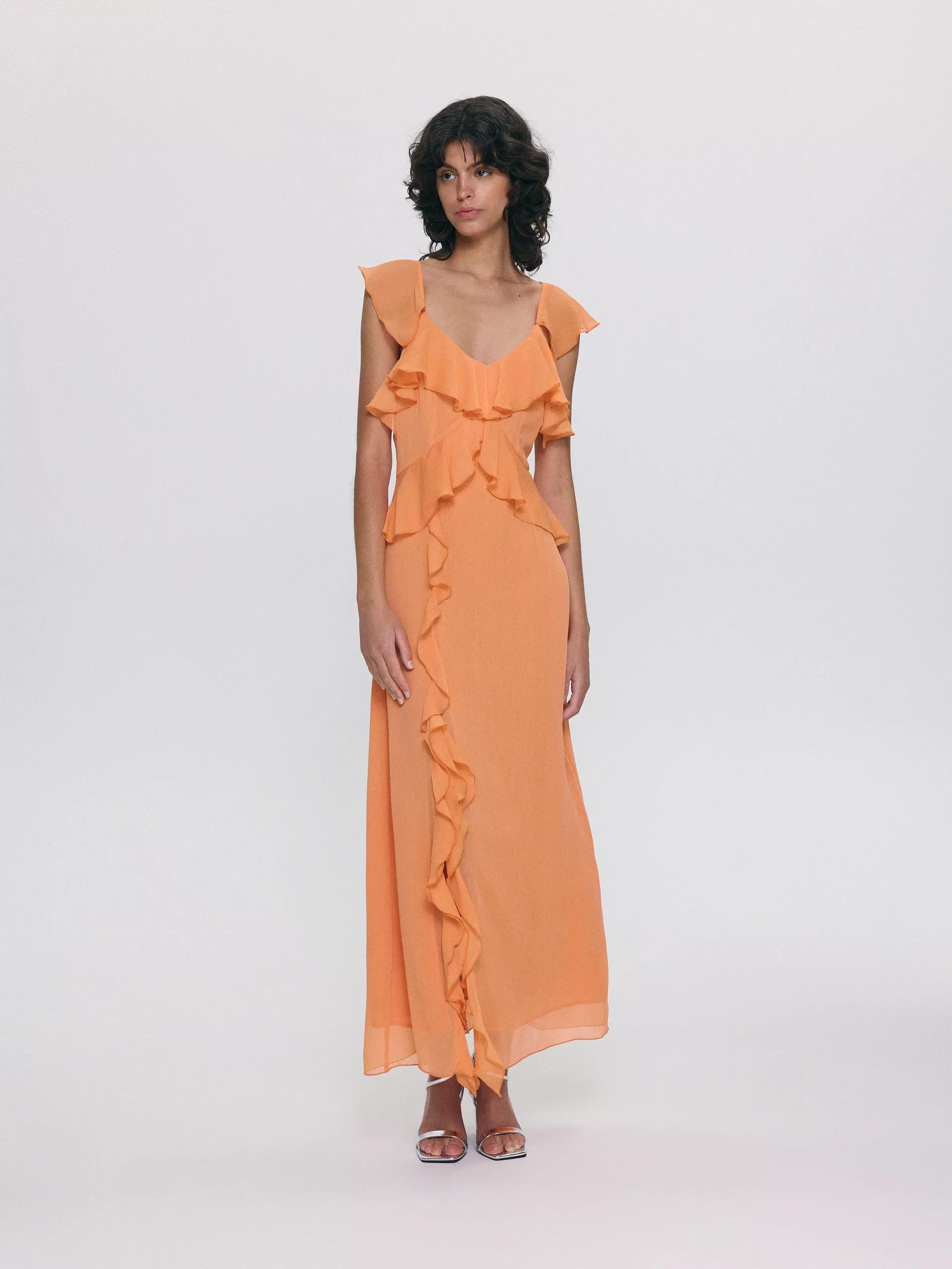 Orange Ruffle Details Midi Dress, , large image number 2