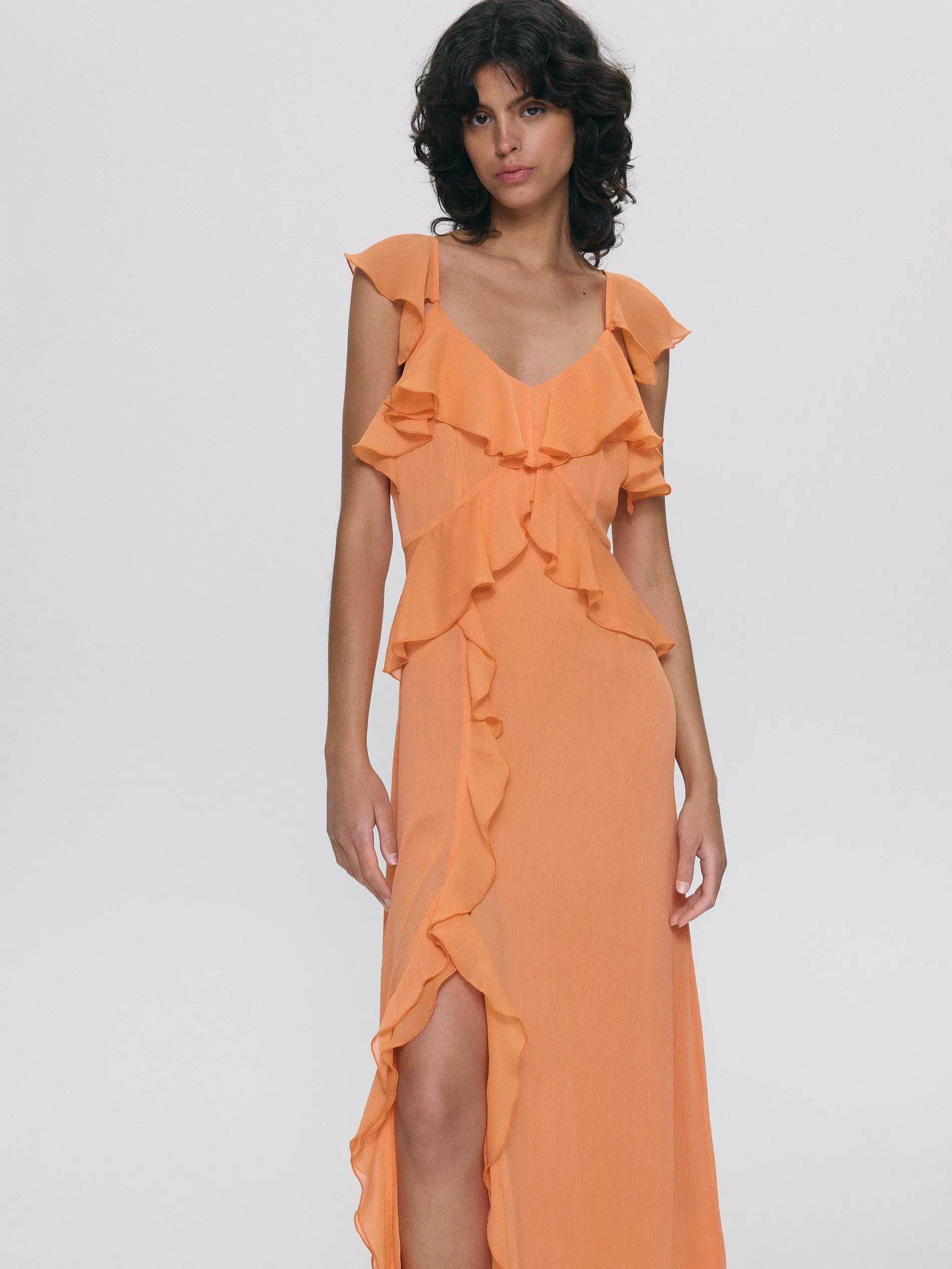 Orange Ruffle Details Midi Dress, , large image number 4