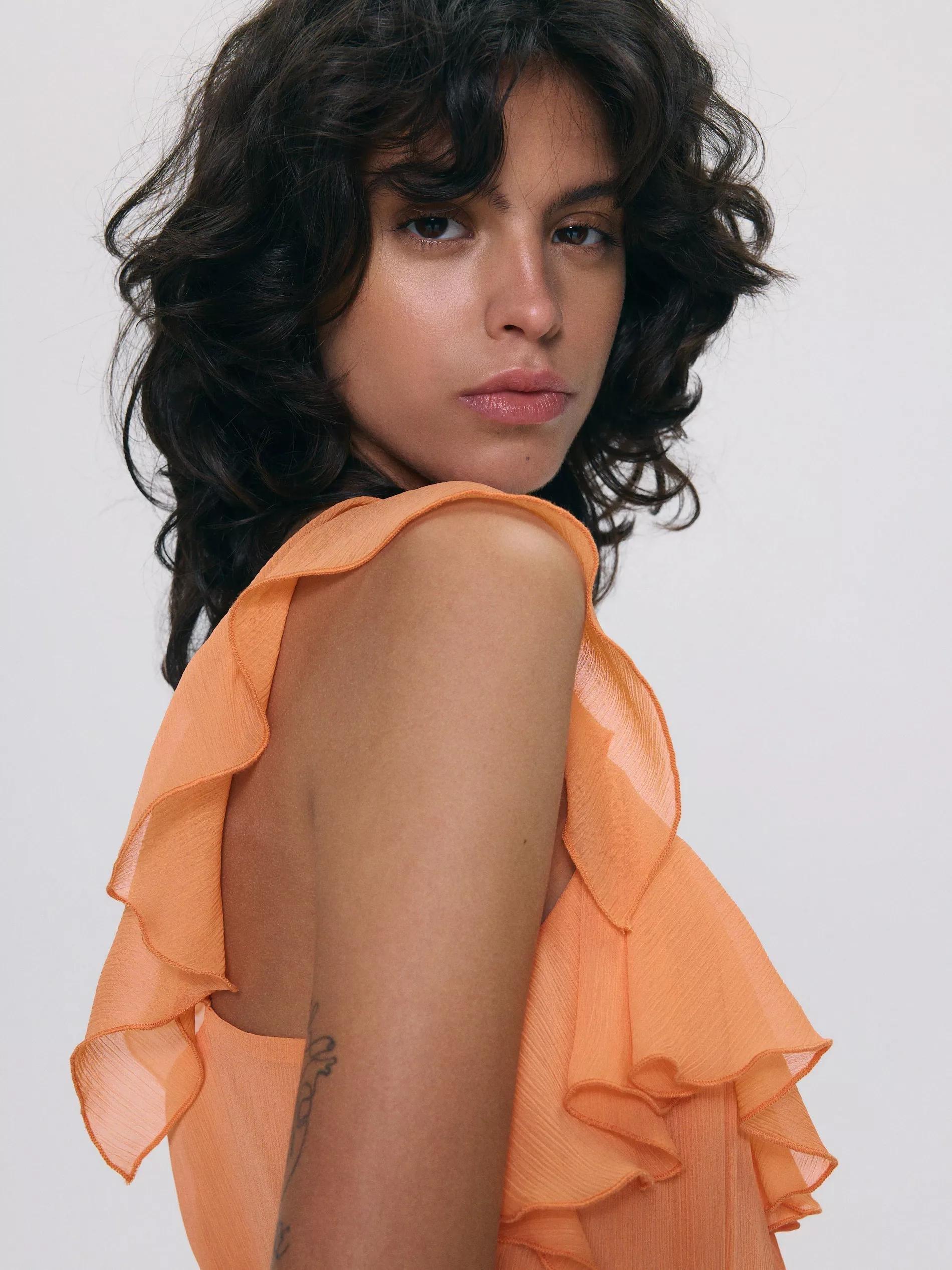 Orange Ruffle Details Midi Dress, , large image number 5