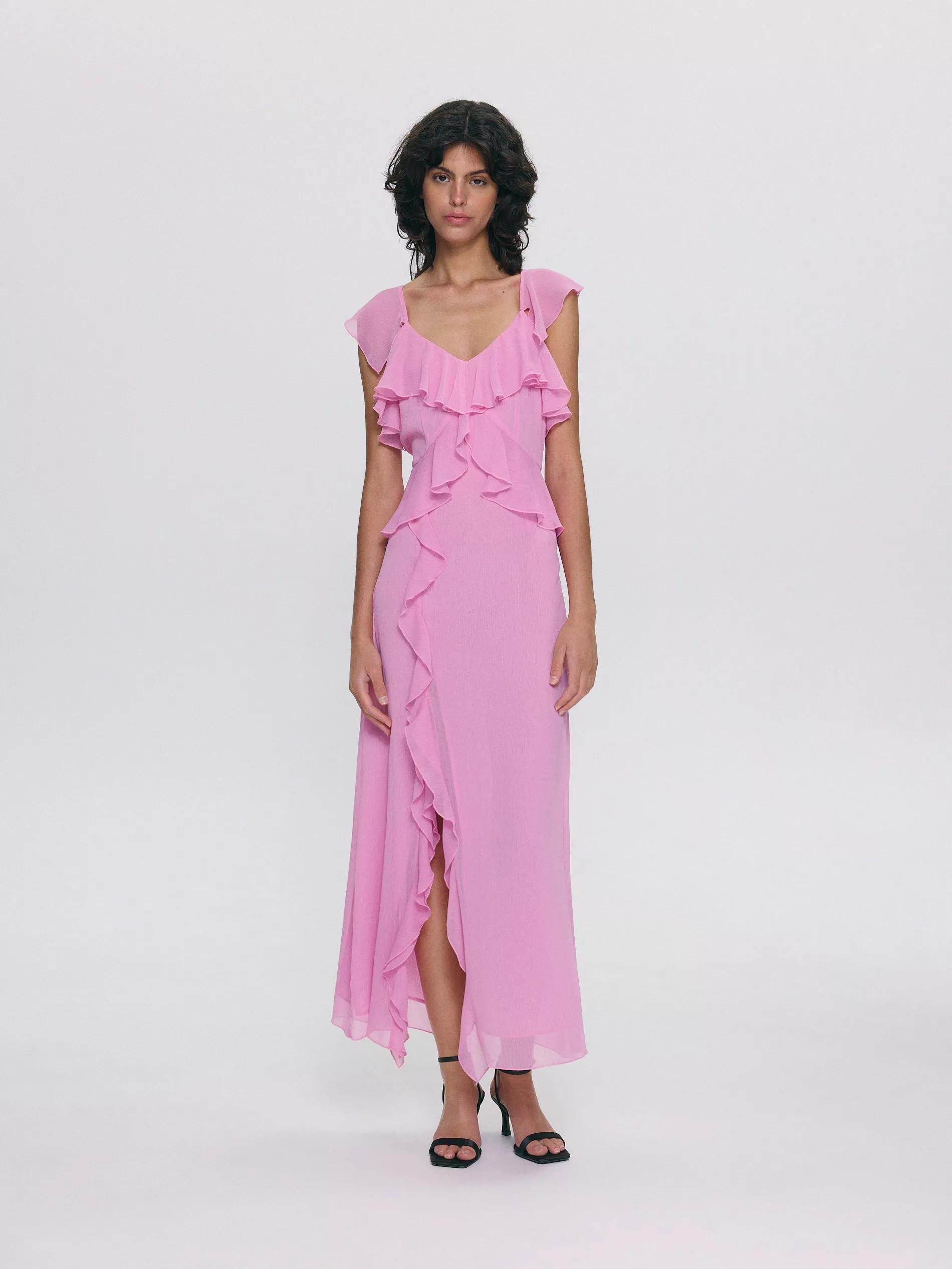 Pink Ruffle Details Midi Dress, , large image number 4