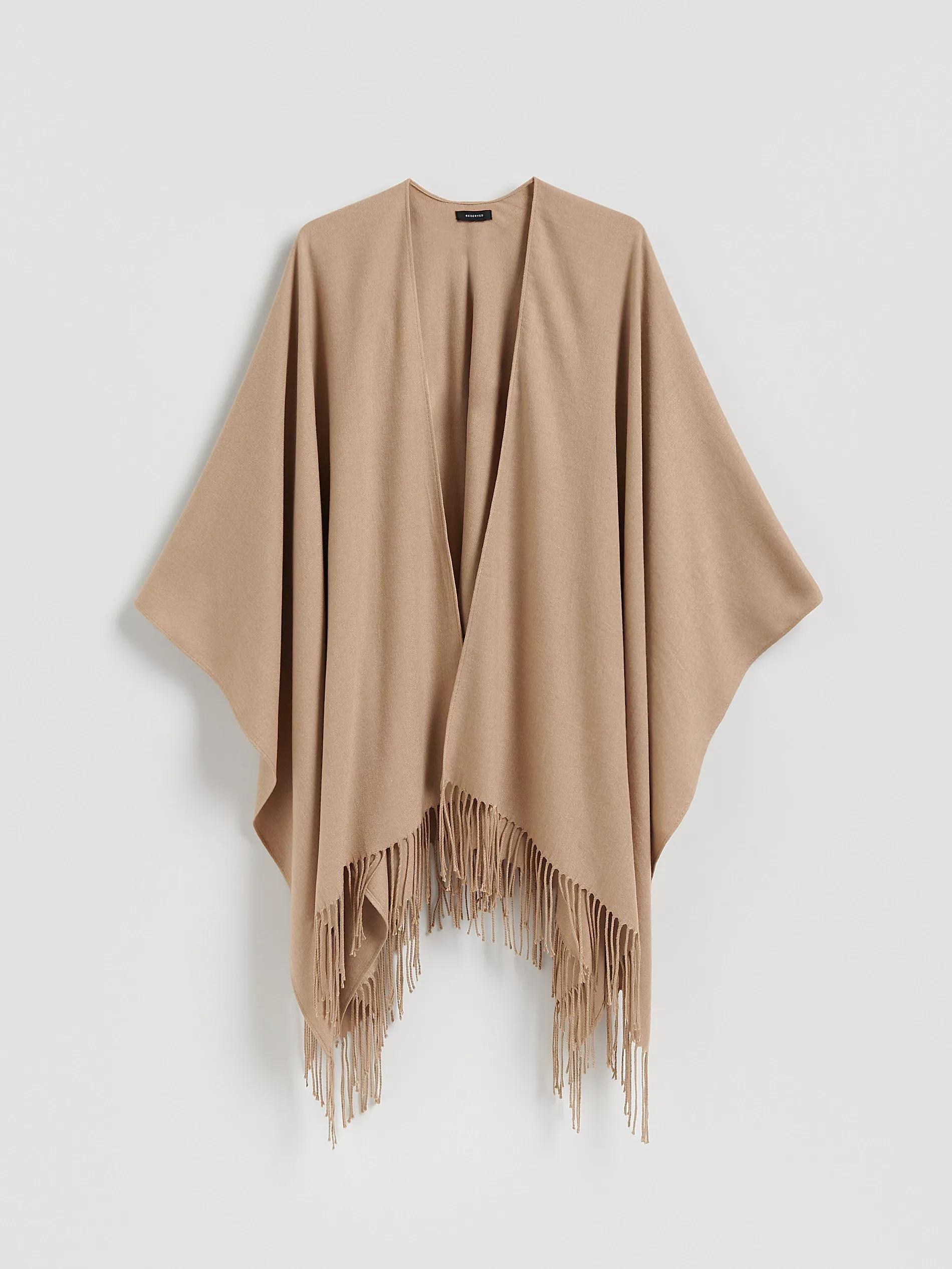 Beige Poncho With Fringes, Beige, large image number 0