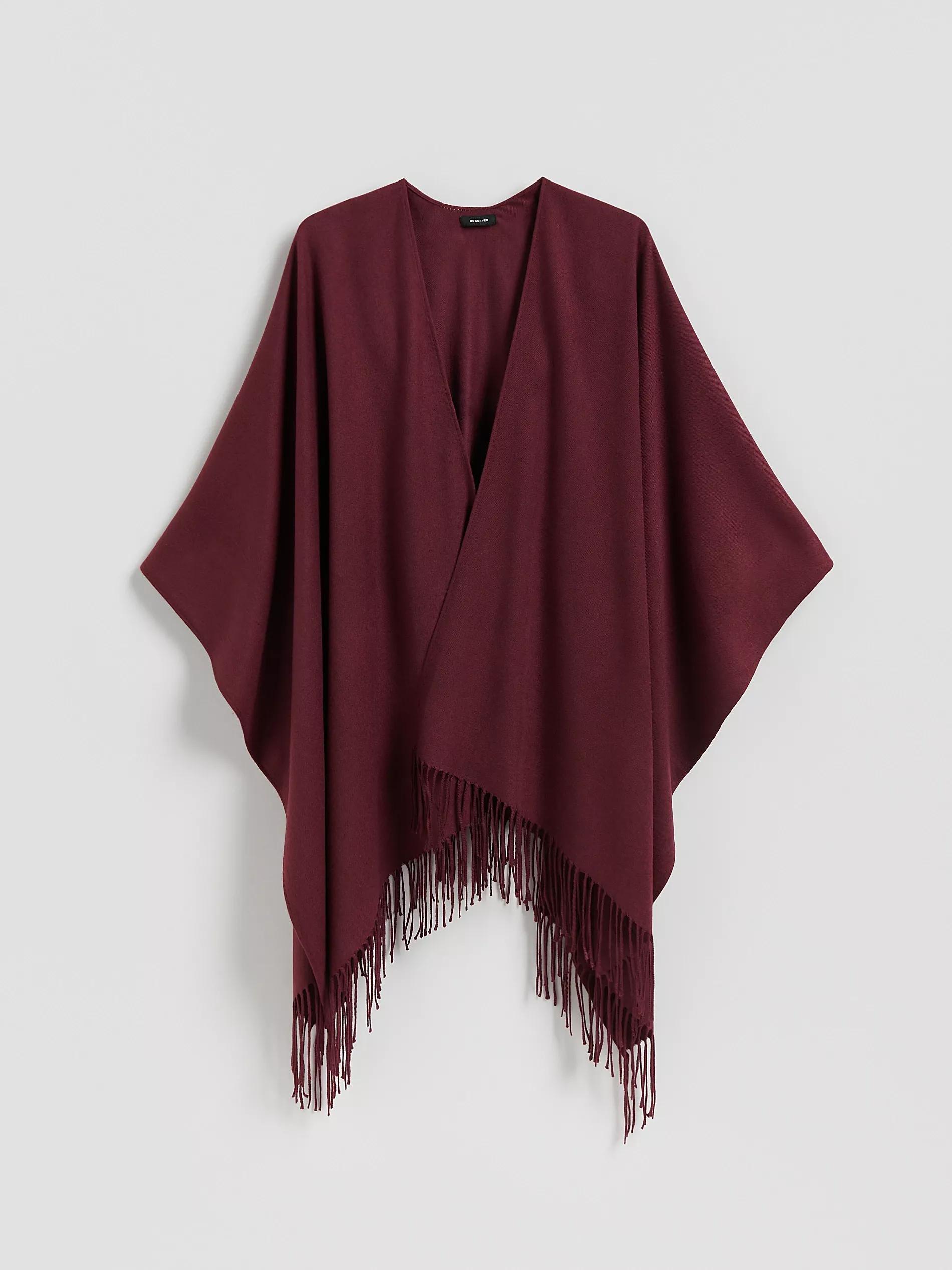 Burgundy Poncho With Fringes, Purple, large image number 0