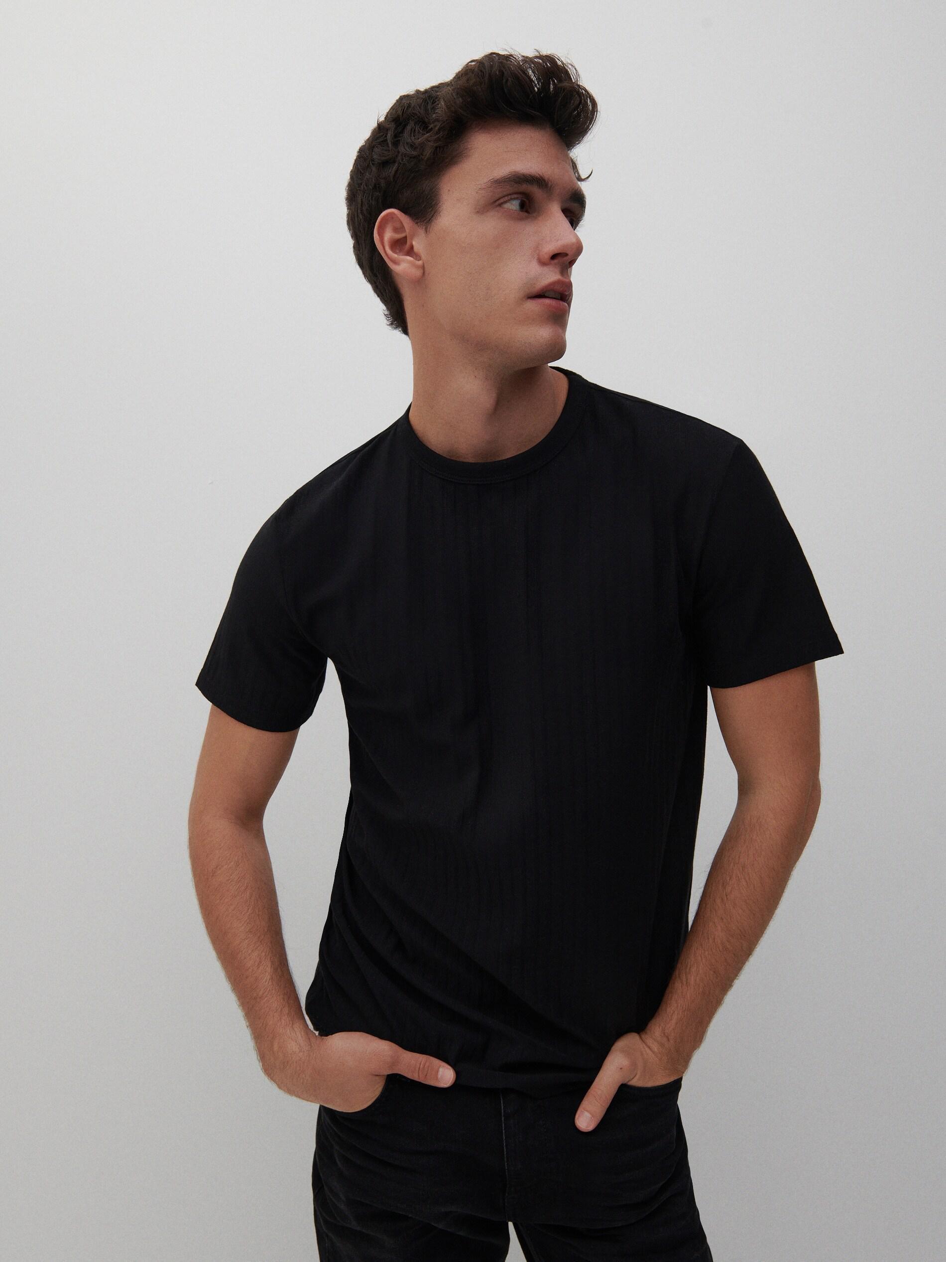Black Ribbed Cotton T-Shirt, Men, , large image number 0