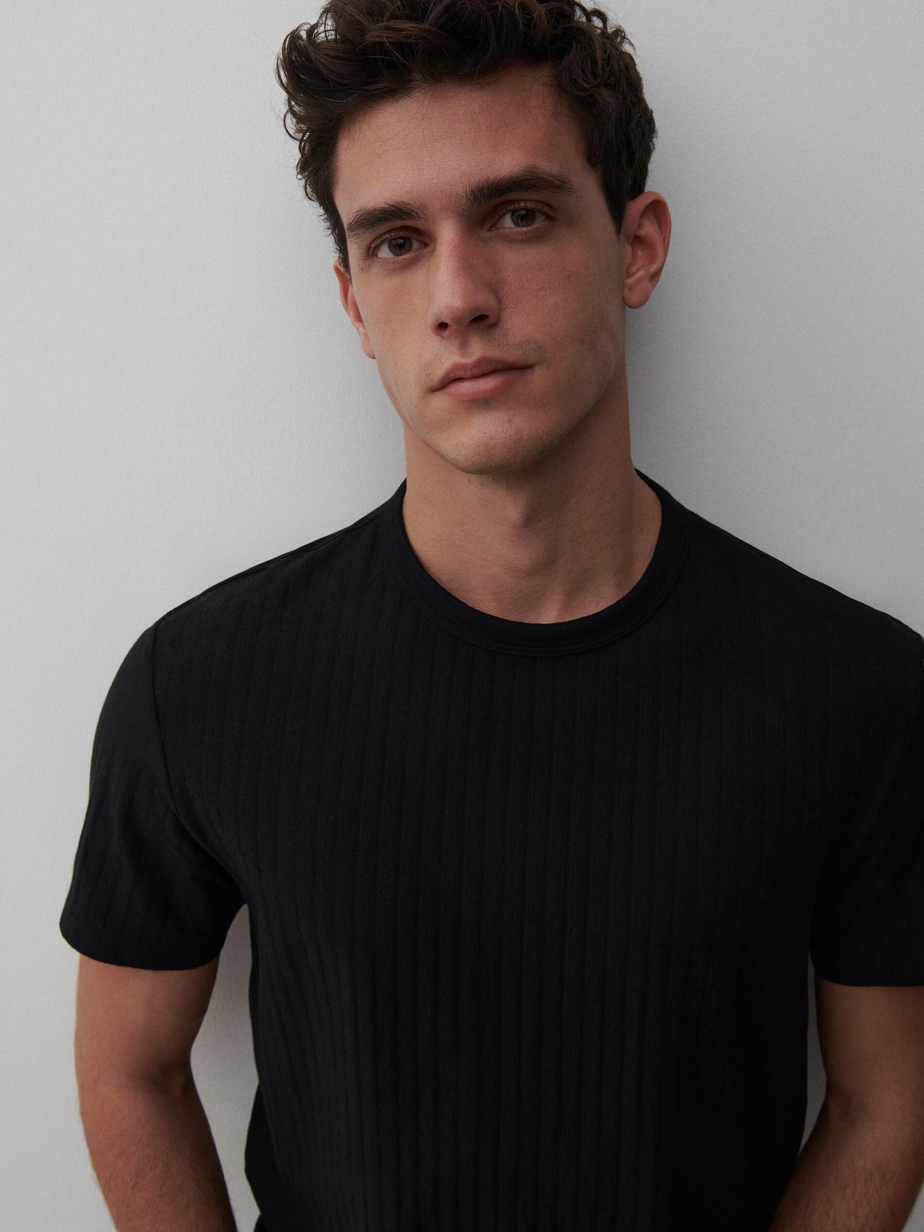 Black Ribbed Cotton T-Shirt, Men, , large image number 1
