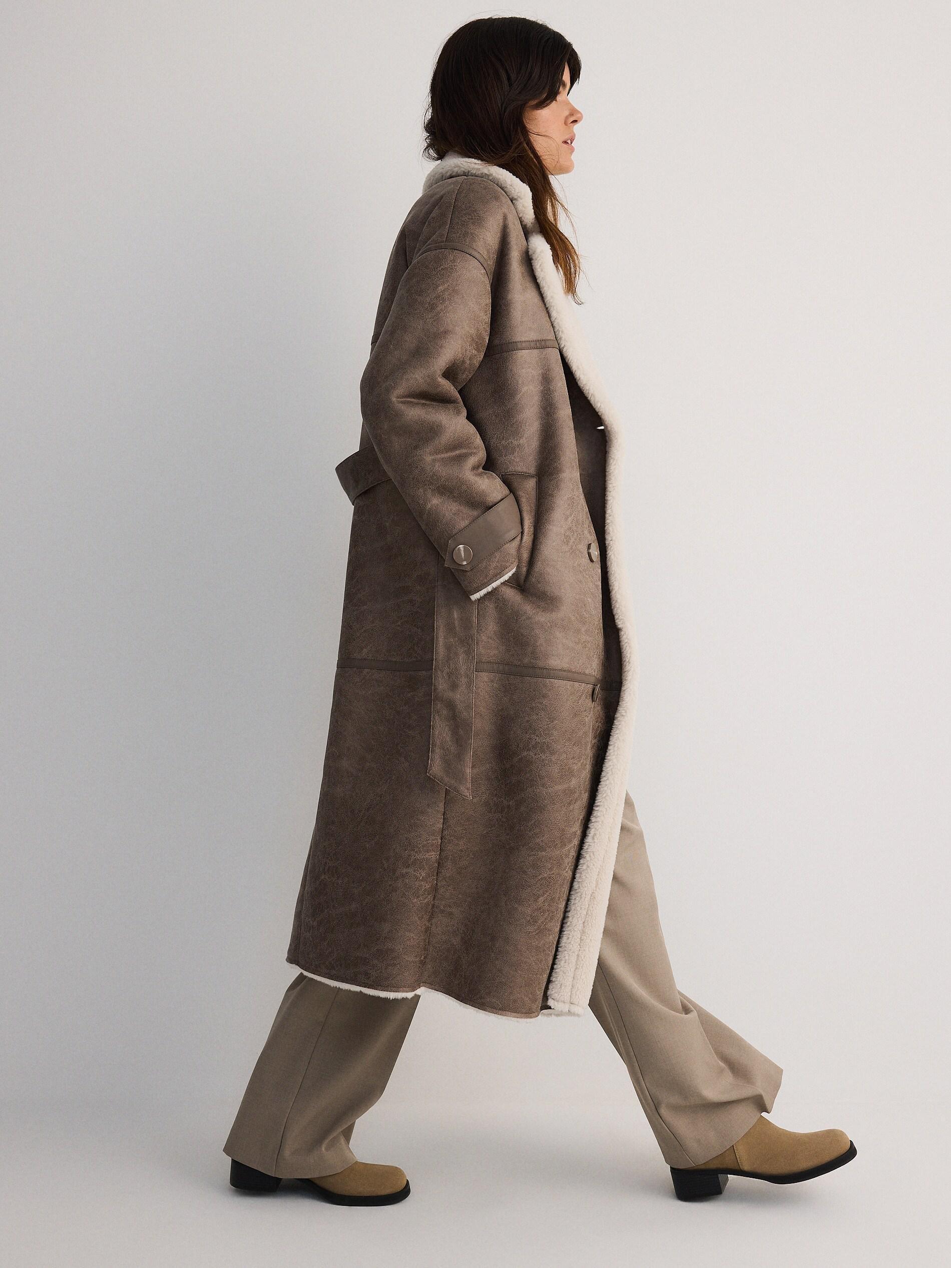 Brown Double-Breasted Coat With Faux Lambskin, , large image number 0