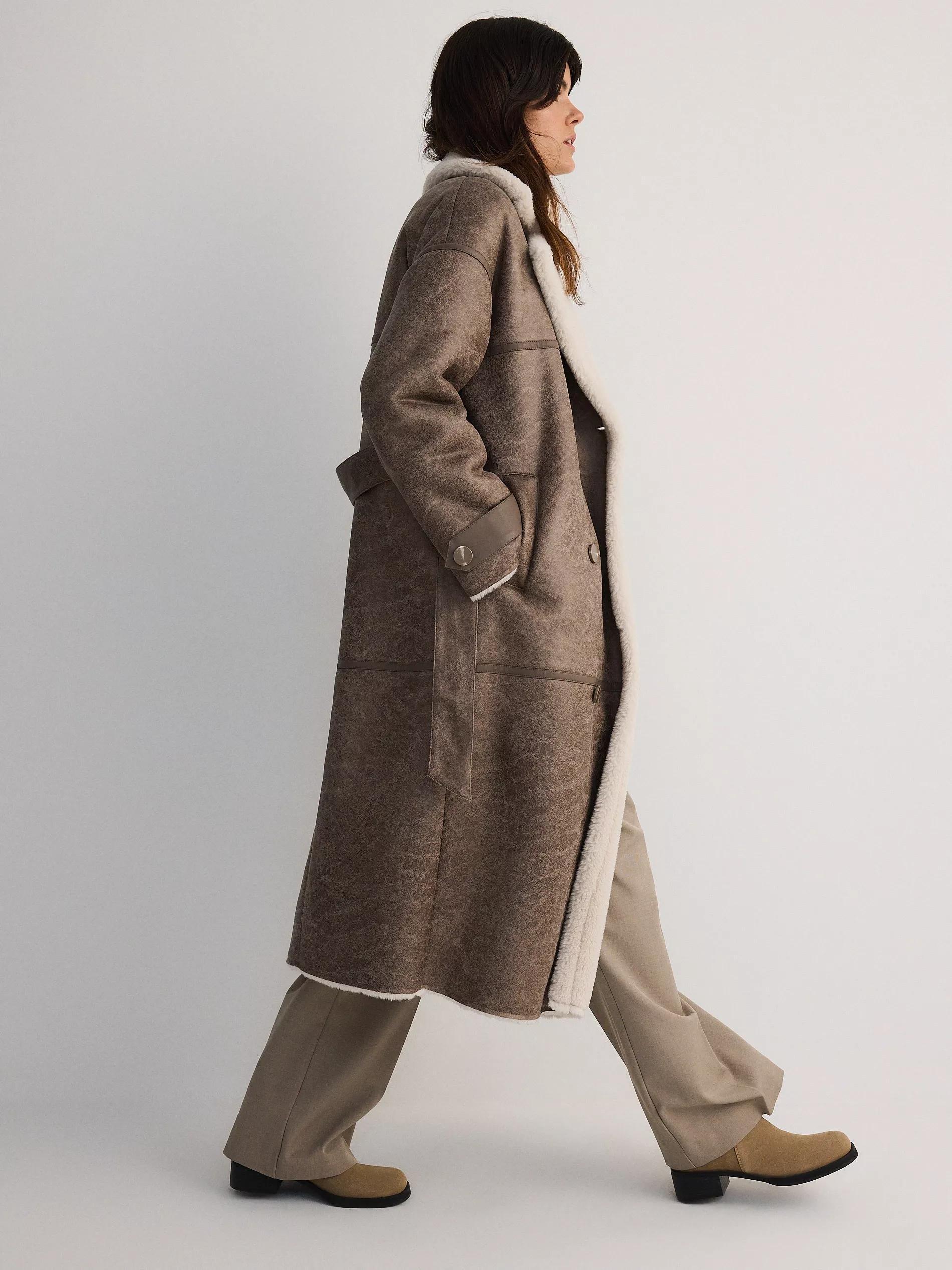 Brown Double-Breasted Coat With Faux Lambskin, , large image number 1