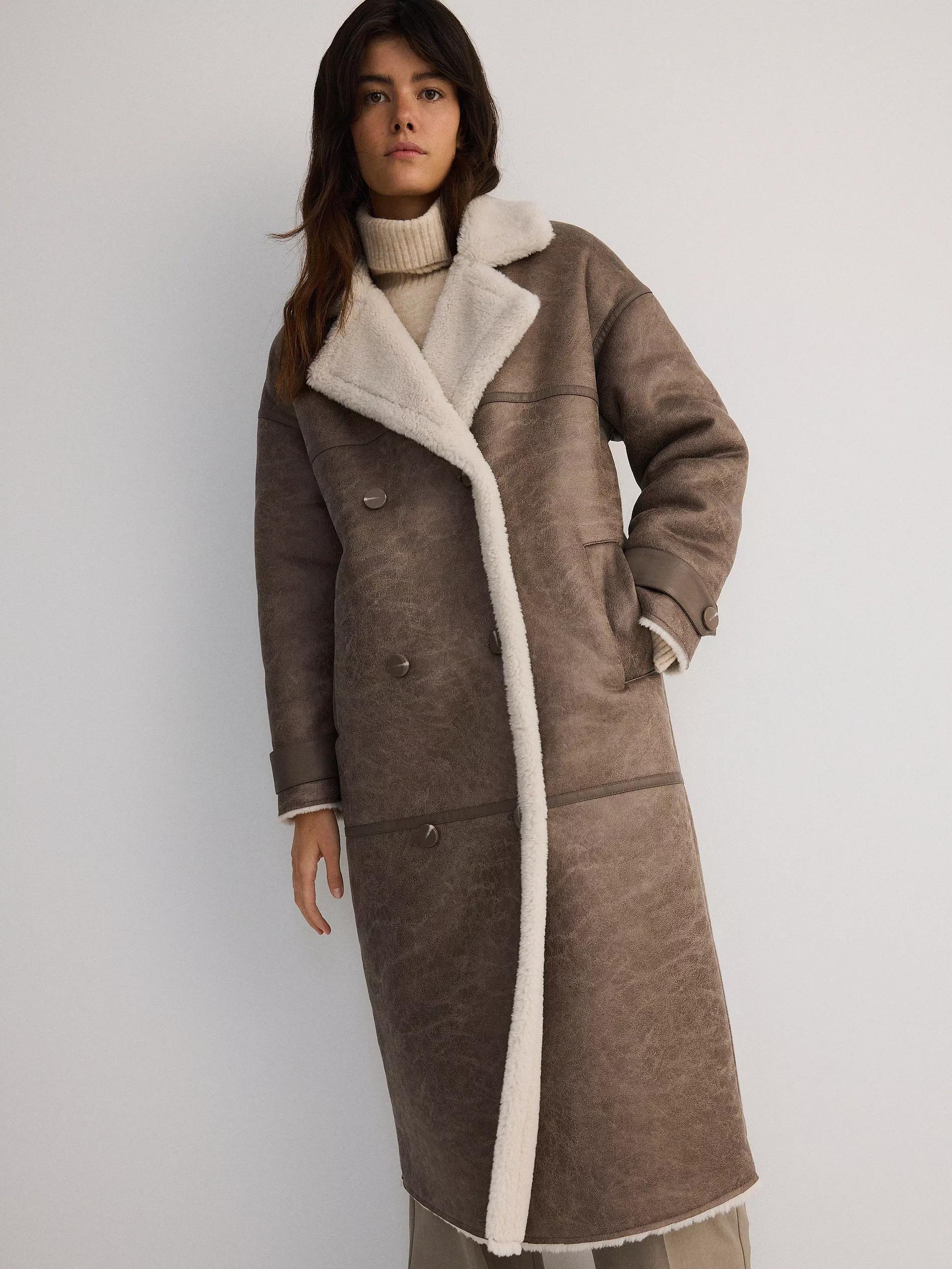 Brown Double-Breasted Coat With Faux Lambskin, , large image number 3