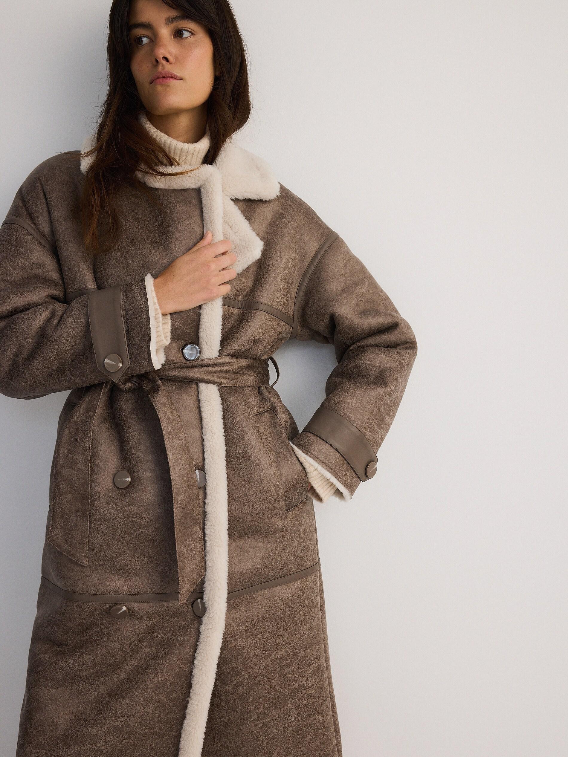 Brown Double-Breasted Coat With Faux Lambskin, , large image number 4