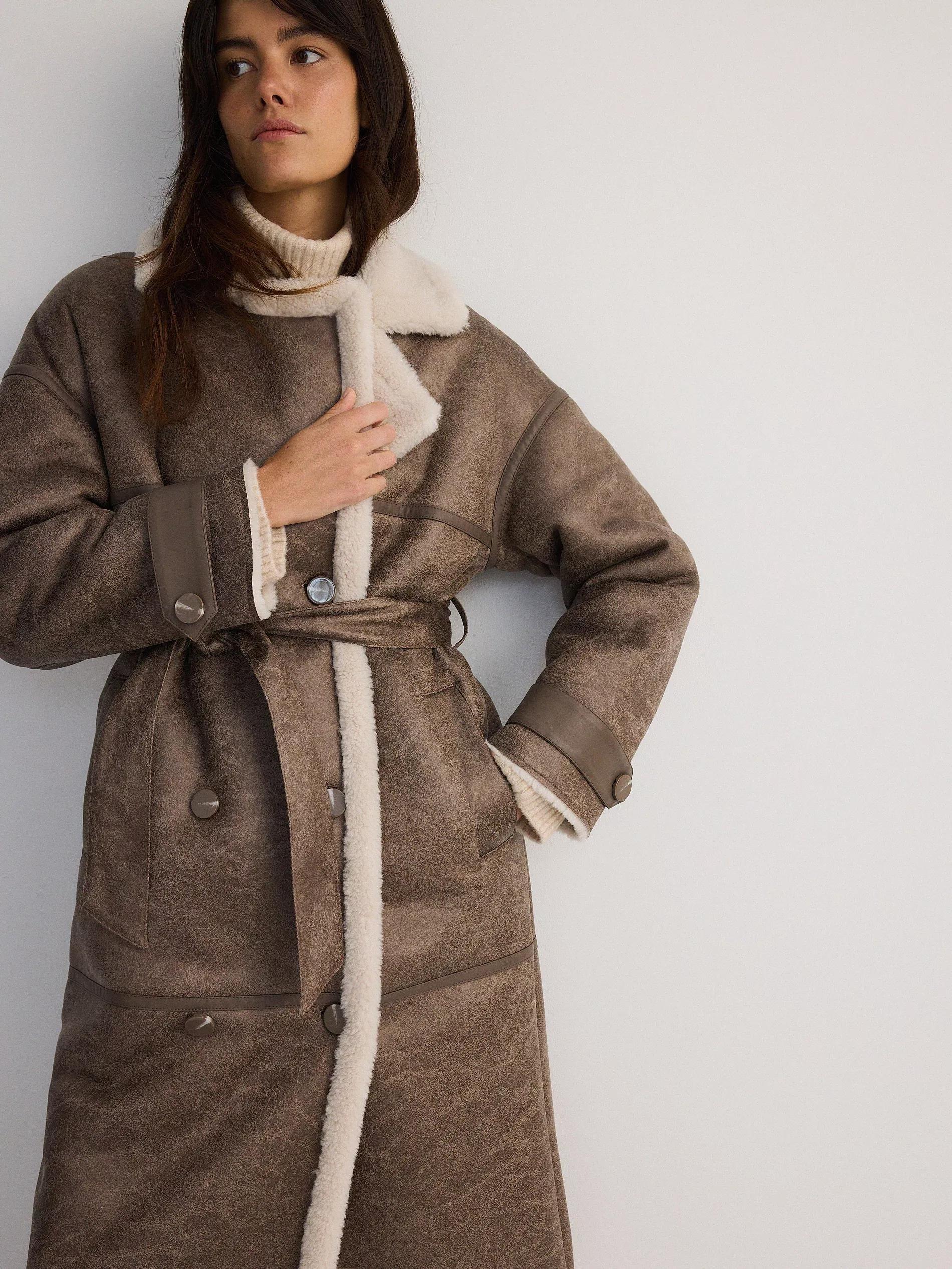 Brown Double-Breasted Coat With Faux Lambskin, , large image number 5