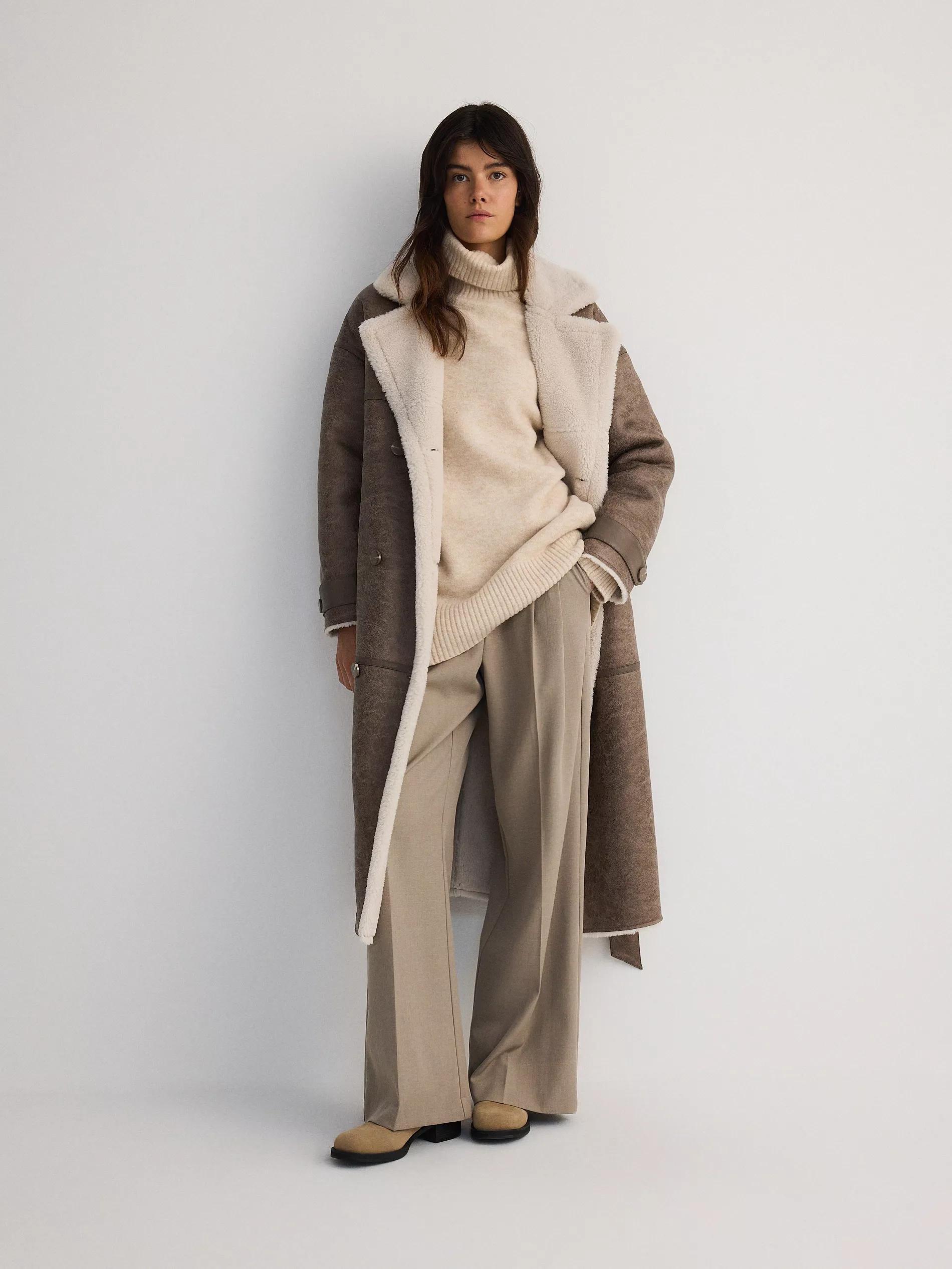 Brown Double-Breasted Coat With Faux Lambskin, , large image number 7