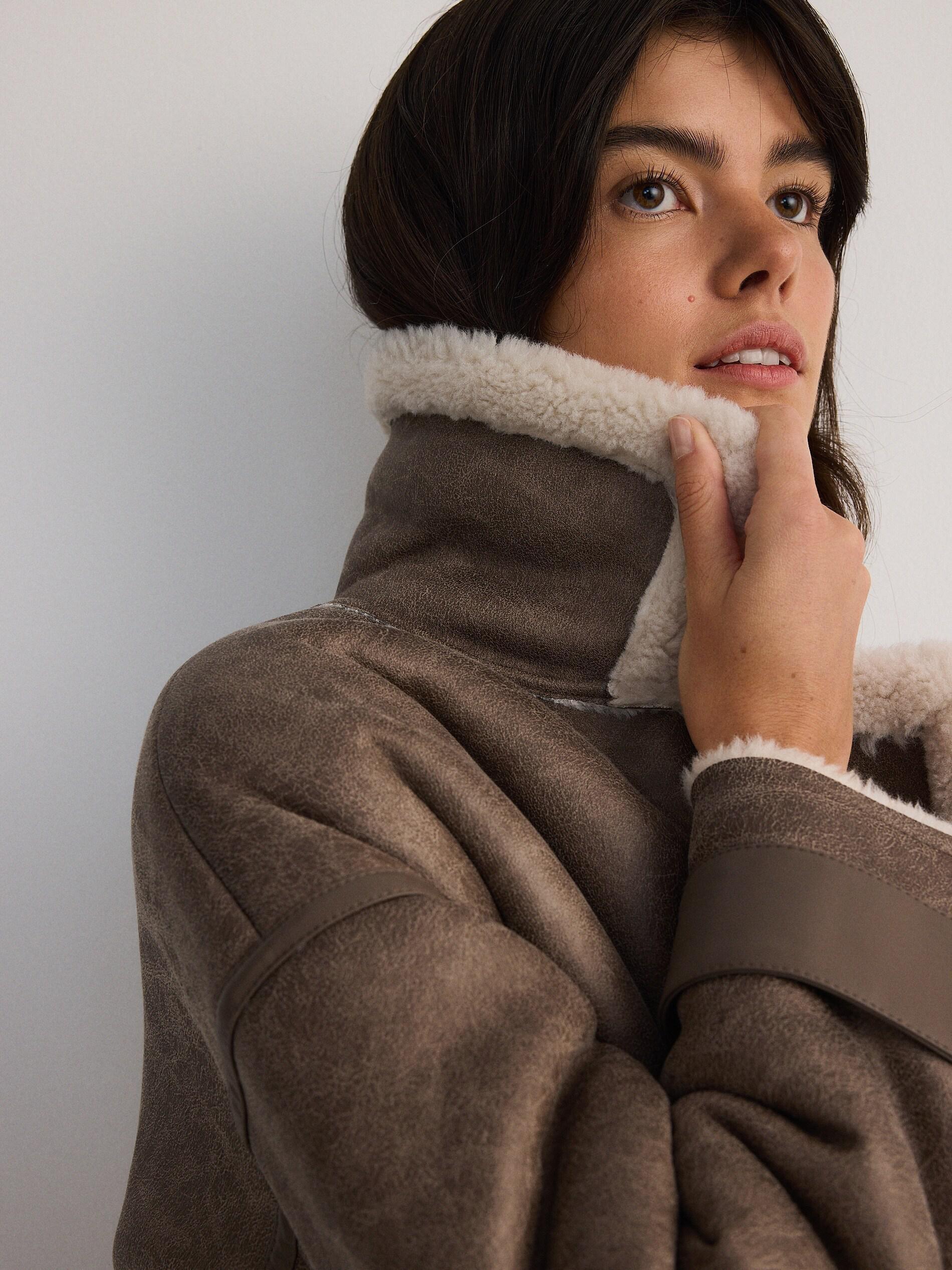 Brown Double-Breasted Coat With Faux Lambskin, , large image number 8