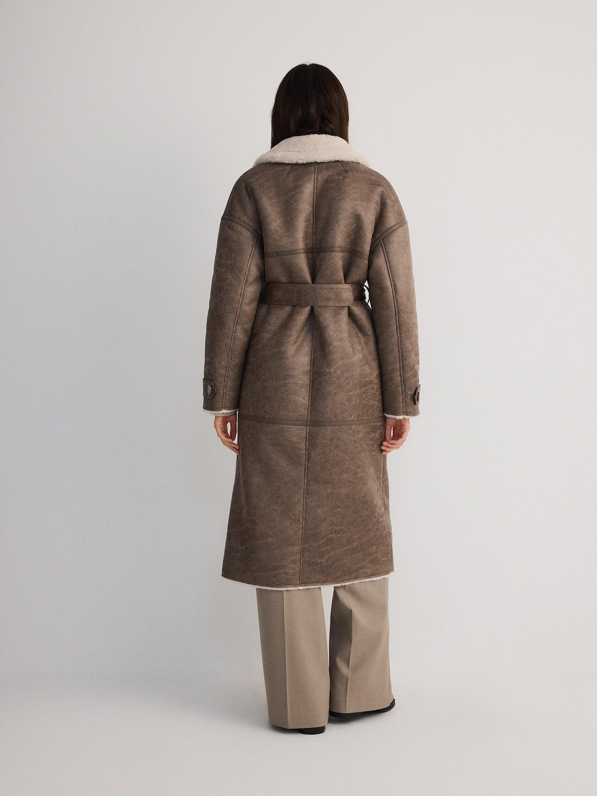 Brown Double-Breasted Coat With Faux Lambskin, , large image number 10