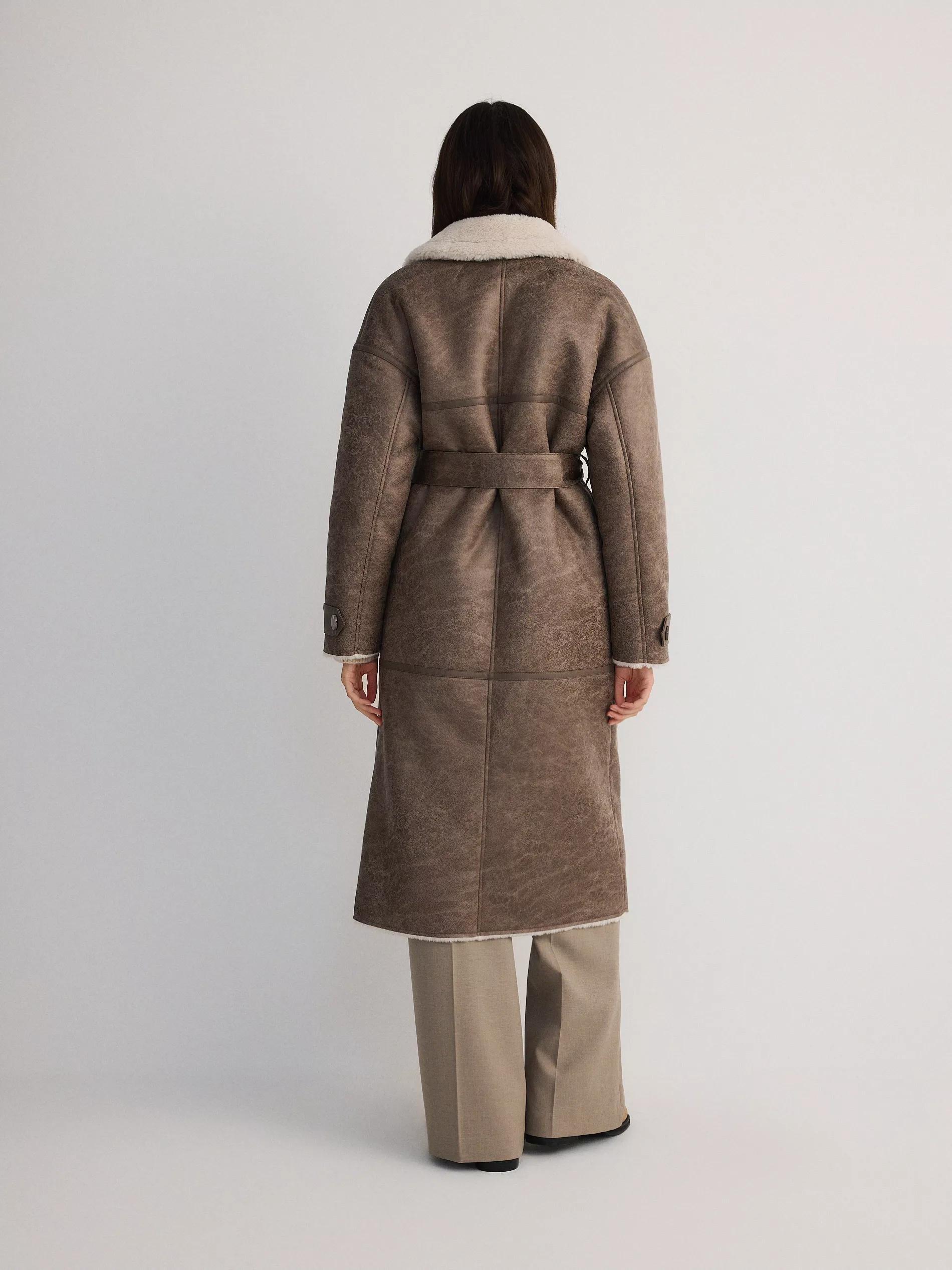 Brown Double-Breasted Coat With Faux Lambskin, , large image number 11