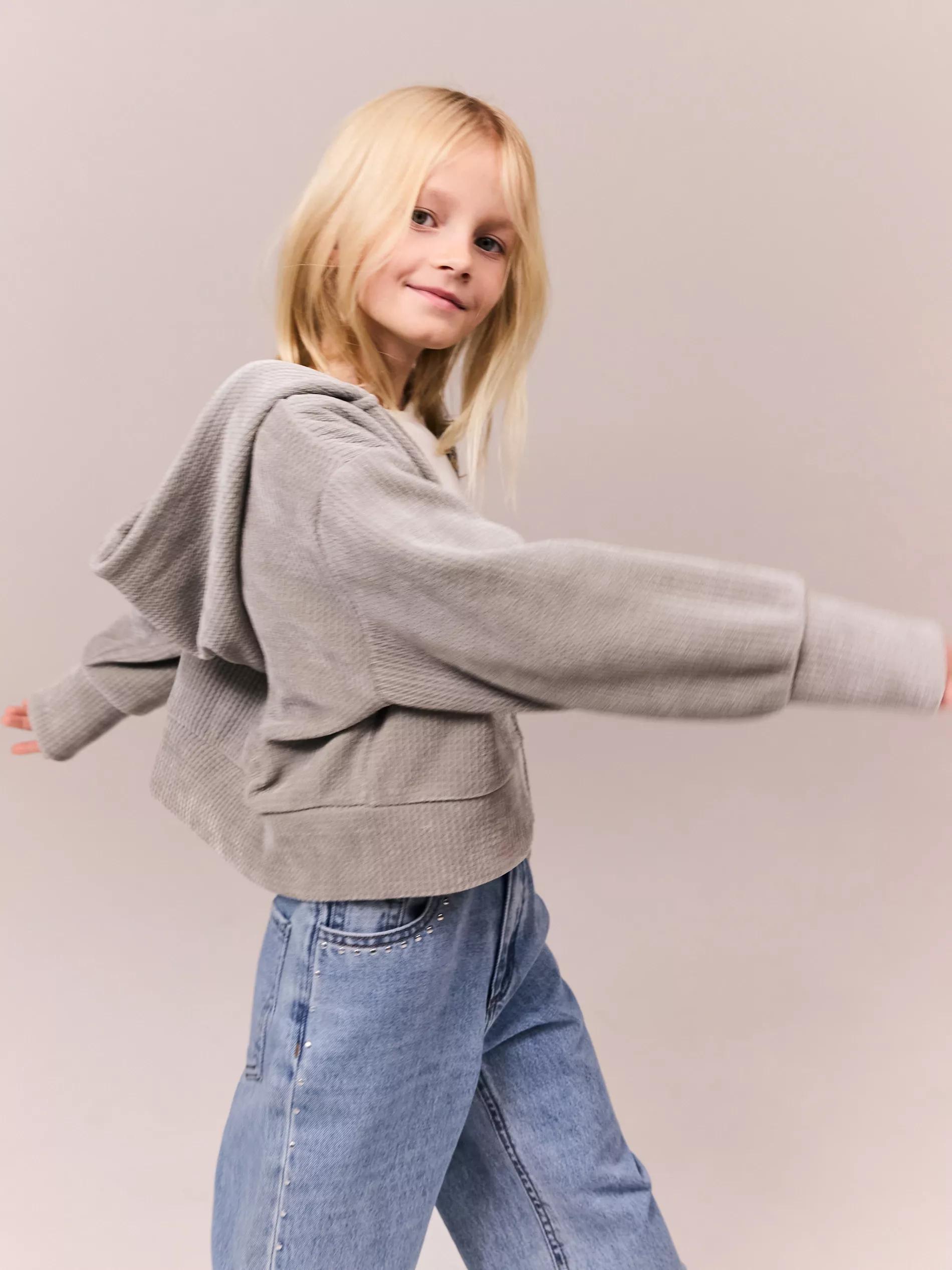 Grey Hooded Knitted Sweater, Kids Girls, , large image number 0