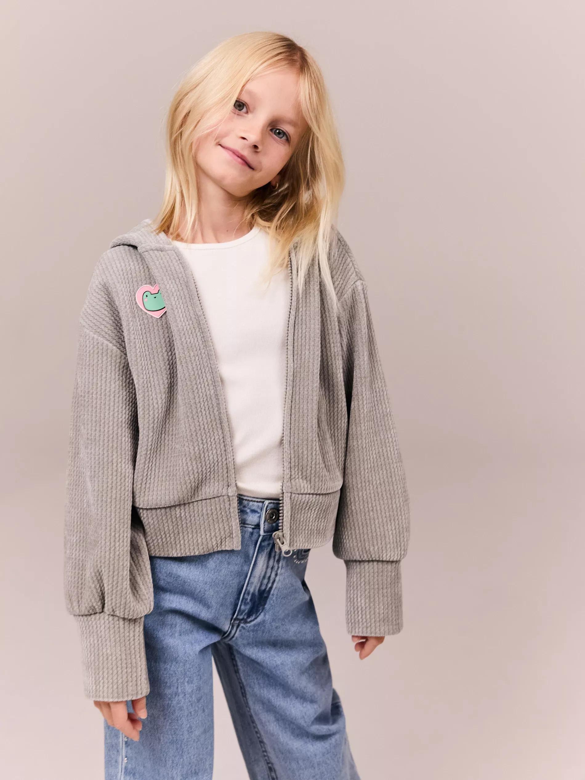 Grey Hooded Knitted Sweater, Kids Girls, , large image number 4